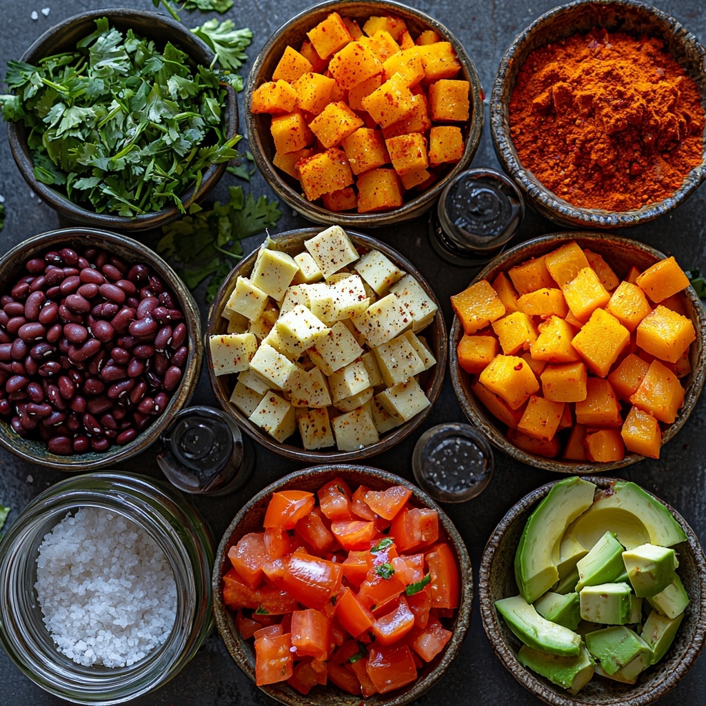 Butternut squash peeled and cubed into neat ½-inch cubes, bright orange with smooth texture; chopped red bell peppers, vibrant red and glossy; medium red onion, roughly chopped, showing purple-white layers; four garlic cloves whole, smooth and pale; two ripe avocados diced, creamy green with slight sheen; small can of diced tomatoes with liquid, rich red and juicy; two cans of black beans, shiny black and smooth, some scattered to show texture; small bowl of olive oil, golden and glossy; dried spices arranged in small bowls or sprinkled — chili powder deep rusty red, ground cumin warm brown, ground cinnamon reddish-brown, chopped chipotle pepper in adobo dark reddish-brown; one fresh bay leaf, matte green; vegetable broth in a small clear glass container, pale golden; three corn tortillas stacked and sliced into thin strips, pale yellow with rustic texture; sprinkle of fine salt in a small dish; optional garnishes displayed separately — fresh cilantro leaves bright green, red pepper flakes vibrant red; all ingredients spaced evenly on a clean white surface with soft natural light casting gentle shadows, styled with rustic wooden spoons and small earthenware bowls to add warmth and contrast, minimalistic composition emphasizing vibrant colors and varied textures, fresh and inviting vibe, overhead shot, top down view, flat lay photography, professional food styling --ar 1:1 --q 2 --s 750 --v 6.1