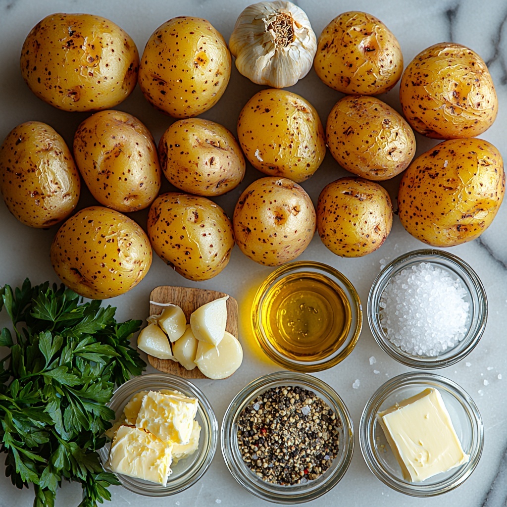 baby potatoes with light golden skin, cloves of fresh minced garlic scattered with some whole garlic bulbs, small glass bowl of golden olive oil, pat of soft unsalted butter on a rustic wooden butter knife, small dishes of coarse salt and cracked black pepper, fresh bright green parsley sprigs and leaves, all carefully arranged on a clean white marble surface with soft natural lighting highlighting the varied textures and warm earthy tones, subtle shadows adding depth, balanced composition with negative space for visual breathing room, overhead shot, top down view, flat lay photography, professional food styling --ar 1:1 --q 2 --s 750 --v 6.1