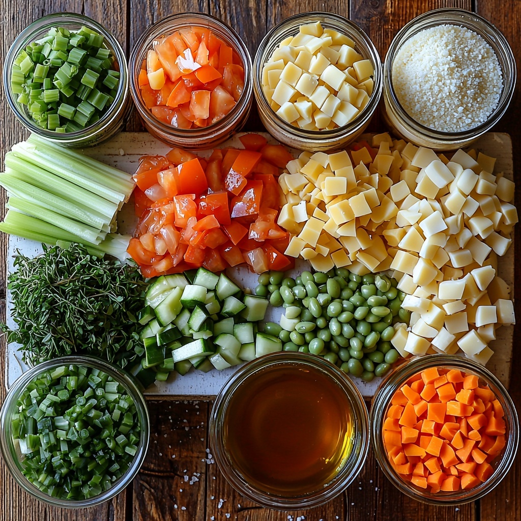 2 tablespoons golden olive oil in a small glass bowl, medium chopped yellow onion with visible layers, three cloves of garlic peeled and minced with texture details, two ribs of celery chopped into crisp light green pieces, two medium carrots peeled and sliced into bright orange rounds, a clear measuring cup filled with amber vegetable broth, an opened rustic can of crushed deep red tomatoes with texture, an opened can of glossy dark red kidney beans drained and slightly glossy, an opened can of creamy white beans drained and soft, one cup of fresh chopped vibrant green beans, one medium zucchini chopped into pale green and white chunks showing skin and seeds, small piles of dry small elbow pasta in ivory color, a small heap of aromatic Italian seasoning herbs with green and brown flecks, a teaspoon of fine white sugar granules, coarse salt and black peppercorns scattered nearby, a small bowl of finely grated off-white Parmesan cheese with a fluffy texture. All ingredients neatly arranged on a clean, rustic white wooden surface, balanced composition with contrasting colors and textures, natural soft daylight highlighting freshness and detail, minimal shadows, styled to emphasize wholesome homemade cooking. Overhead shot, top down view, flat lay photography, professional food styling --ar 1:1 --q 2 --s 750 --v 6.1