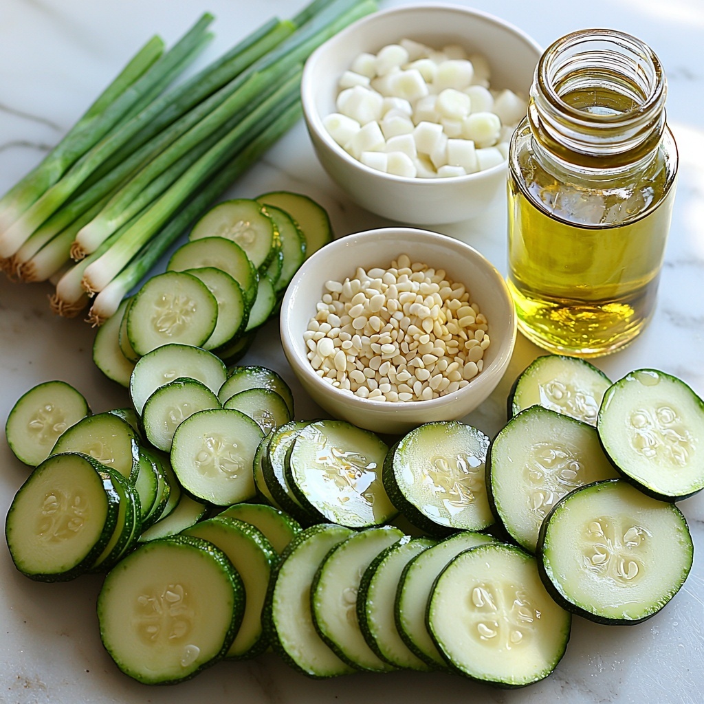 2 medium zucchinis sliced into half-moons and rounds, vibrant green with pale inner flesh, arranged in a loose semi-circle; small glass bowl of golden vegetable oil with glossy surface; two peeled garlic cloves and a small pile of finely minced garlic, bright white with slightly rough texture; small dish of dark amber soy sauce, smooth and reflective surface; tiny bottle of rich brown sesame oil with a slender neck; small white ceramic bowls containing coarse salt and freshly cracked black pepper; delicate scattering of light tan sesame seeds in a small heap; fresh chopped green onions with bright green stalks and white bulbs, loosely arranged; all placed neatly on a clean, matte white surface that contrasts with the vivid colors and varied textures of the ingredients; soft natural lighting highlighting freshness and detail, gentle shadows adding depth; minimalistic styling focusing on clarity and vibrancy, carefully spaced for visual balance. overhead shot, top down view, flat lay photography, professional food styling --ar 1:1 --q 2 --s 750 --v 6.1