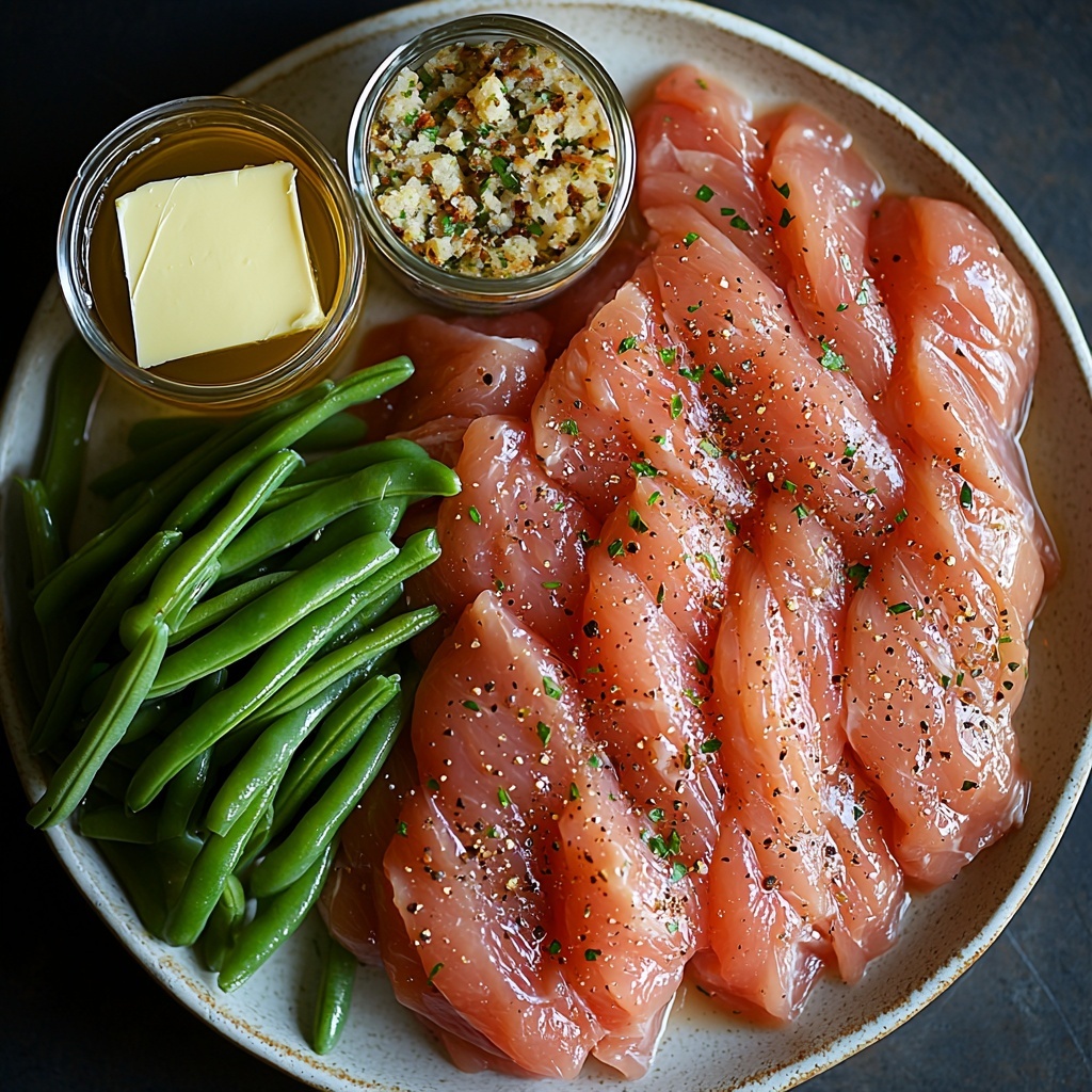 2 pounds raw chicken breasts, plump and pale pink, arranged on a clean white ceramic plate; 3 cloves garlic, minced and finely chopped, displayed in a small clear glass bowl; 1 teaspoon dried Italian seasoning, scattered loosely on a rustic wooden spoon; 1 cup golden chicken broth in a small transparent measuring cup with light reflections; 2 cups fresh green beans, vibrant green and crisp, loosely piled on a natural linen napkin; 2 cans of cream of chicken soup with smooth creamy texture shown in an opened tin with a spoon resting inside; 1 unopened box of stovetop stuffing mix with warm autumnal packaging colors; 6 tablespoons melted butter shimmering in a small glass ramekin with slight bubbling; all ingredients arranged neatly on a clean, matte white surface with natural daylight casting soft shadows; minimal props to emphasize textures and colors, subtle reflections on glass items, gentle contrast between the fresh produce and processed elements; warm, inviting tones and balanced composition centered in the frame, overhead shot, top down view, flat lay photography, professional food styling --ar 1:1 --q 2 --s 750 --v 6.1