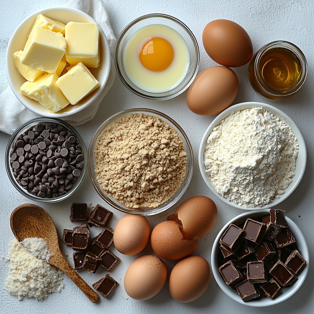 A clean, bright white surface with the main ingredients for Ultimate Twix Style Cookies artfully arranged in a flat lay: a small bowl of softened unsalted butter with creamy texture, a clear glass bowl filled with light golden granulated sugar next to a rustic heap of rich, moist brown sugar, two smooth large brown eggs resting nearby, a small glass jar of amber vanilla extract, a neat pile of fine all-purpose flour dusted lightly with baking soda and a pinch of salt visible on top, a cluster of shiny caramel candies next to a small splash of cream in a white ceramic dish, and a mound of glossy semi-sweet chocolate chips. The ingredients are spaced evenly with natural soft shadows, styled with a few wooden spoons and a clean linen napkin for contrast, evoking warmth and homemade comfort. The overall look balances soft, warm tones of browns and creams with clean whites for a polished, inviting atmosphere. Overhead shot, top down view, flat lay photography, professional food styling --ar 1:1 --q 2 --s 750 --v 6.1