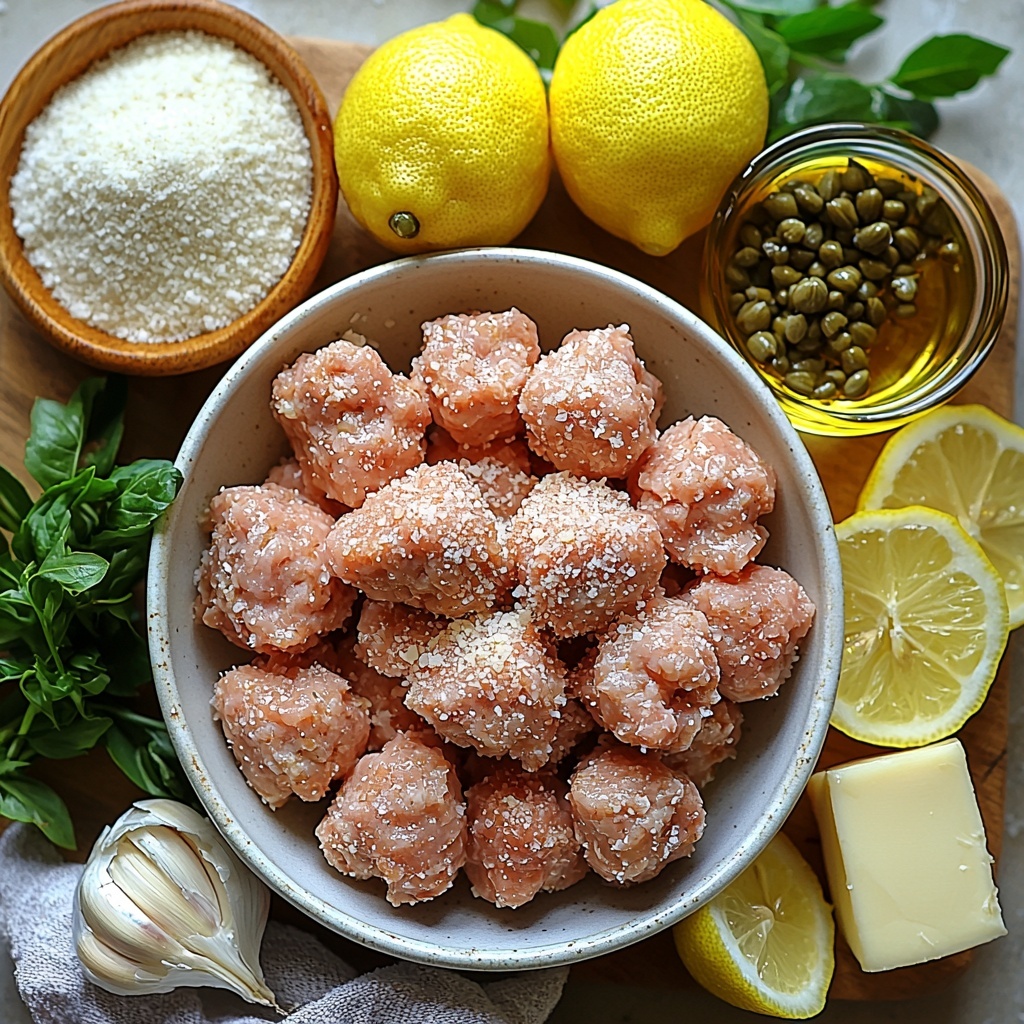 Parmesan cheese grated in a small white bowl, golden gluten-free panko crumbs loosely piled next to it, coarse kosher salt and garlic powder in tiny clear glass ramekins, fresh flat leaf parsley finely chopped and bright green on a small wooden spoon, vibrant yellow lemon zest heaped gently on a rustic ceramic plate. Raw ground chicken shaped into uniform pinkish meatballs arranged neatly in a white mixing bowl. A small glass bowl of golden olive oil reflecting light nearby. Half stick of unsalted butter, creamy pale yellow, resting on parchment paper. White all-purpose flour in a delicate heap on a linen napkin. Three cloves of garlic, peeled, pure white with smooth texture. Clear glass cup filled with rich golden chicken broth. Small bowl of briny caper brine, slightly greenish liquid alongside a small heap of dark green capers. Fresh lemon slices thinly cut, their bright yellow rind and translucent flesh shining. Additional chopped parsley sprinkled lightly on the surface. All ingredients arranged artfully on a clean, matte white surface with soft natural lighting creating gentle shadows, a few sprigs of parsley and a lemon wedge as subtle accents for a fresh, vibrant look. Overhead shot, top down view, flat lay photography, professional food styling --ar 1:1 --q 2 --s 750 --v 6.1