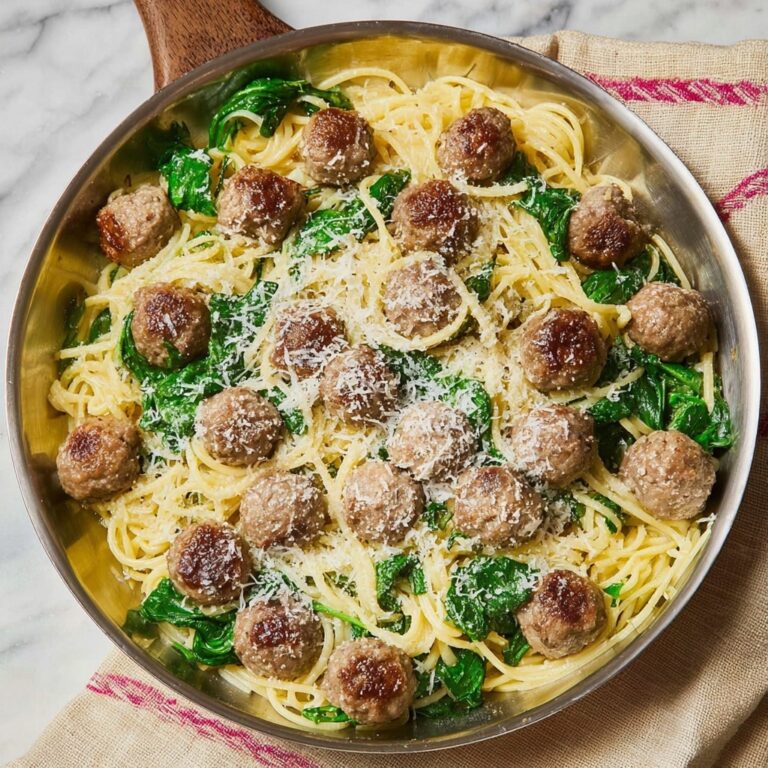 Garlic Olive Oil Pasta with Meatballs and Spinach Recipe