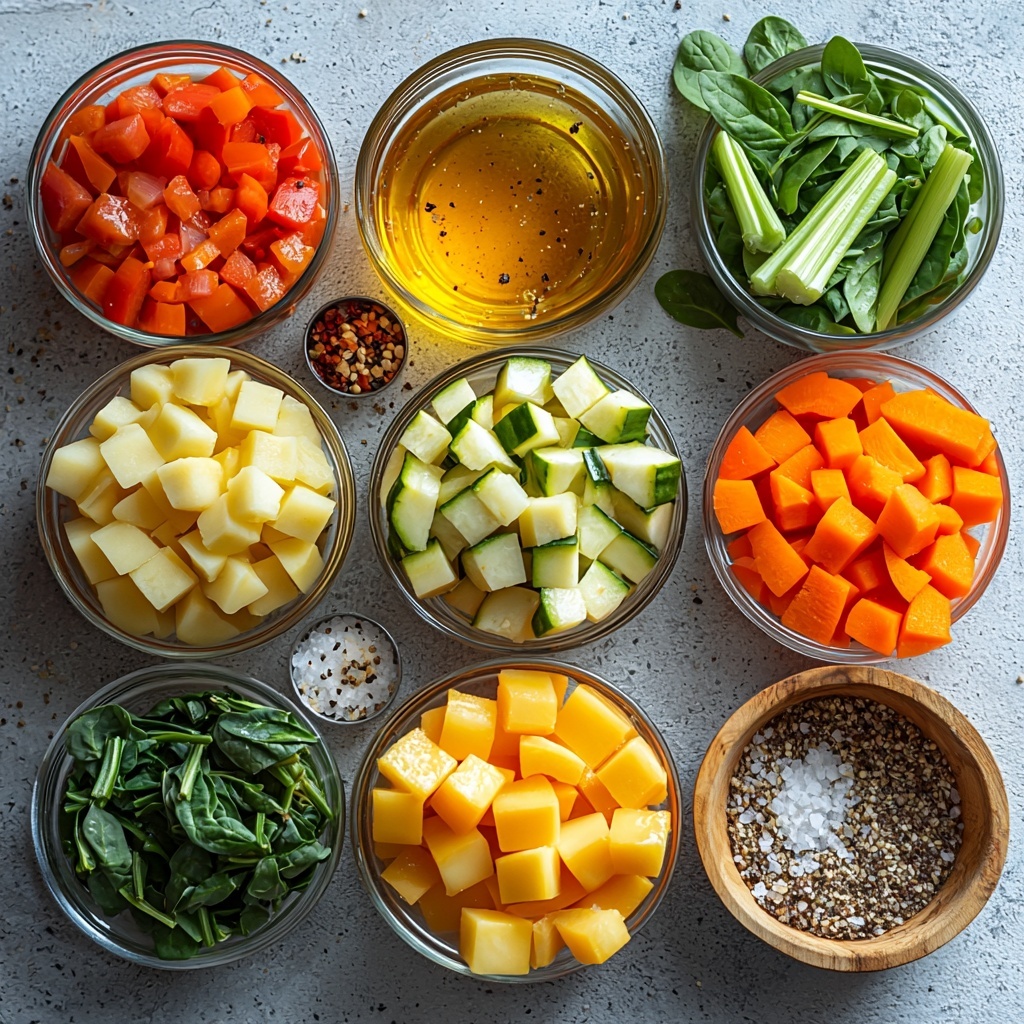 a clean white surface arranged with vibrant fresh ingredients for hearty vegetable soup: a small glass bowl of golden olive oil, a chopped yellow onion with papery skins nearby, two peeled garlic cloves finely minced, bright orange carrot slices, crisp pale green celery stalks sliced thin, a diced red bell pepper with shiny skin, two medium diced russet potatoes showing rough starchy texture, vibrant green zucchini cubes with glossy skin, a small pile of trimmed green beans cut into bite-size pieces, an opened can of diced tomatoes with visible juice spilling slightly, a clear measuring cup filled with golden vegetable broth, small wooden bowls containing dried thyme and dried oregano, scattered coarse sea salt crystals and cracked black peppercorns, fresh dark green spinach leaves loosely gathered, optional elements include a small bowl of bright yellow corn kernels and a drained bowl of beige chickpeas, a pinch of deep red pepper flakes in a tiny white dish. All items thoughtfully spaced with natural light creating soft shadows, emphasizing varied textures and rich colors, styled minimalist and rustic with wooden utensils and linen napkin accents. overhead shot, top down view, flat lay photography, professional food styling --ar 1:1 --q 2 --s 750 --v 6.1