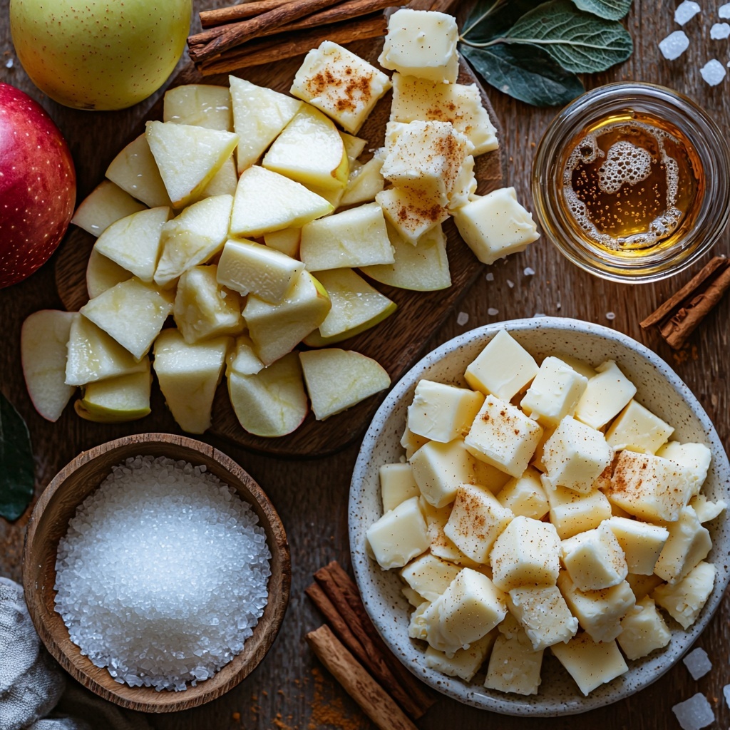 Granny Smith apples peeled and cored, sliced into neat wedges showing bright green skin and crisp white flesh, two (8-ounce) cans of crescent roll dough unrolled and slightly folded to display soft, buttery texture, a pat of unsalted butter melting on a small white dish, a rustic bowl filled with granulated sugar sparkling like tiny crystals, a small vintage spoon resting next to a heap of ground cinnamon powder with its warm reddish-brown color, a tiny pinch bowl containing fine ground nutmeg with a subtle warm beige tone, a clear glass vial of golden vanilla extract catching light, a glass bottle of clear lemon-lime soda with condensation droplets, a small ceramic pinch bowl with fine salt, all carefully spaced on a smooth, matte white surface. Natural light from the side casts soft shadows enhancing textures and colors, subtle cinnamon sticks and a few scattered granulated sugar crystals add rustic charm, minimalistic and clean background emphasizing freshness and simplicity, styled with a cozy, inviting autumnal vibe. overhead shot, top down view, flat lay photography, professional food styling --ar 1:1 --q 2 --s 750 --v 6.1