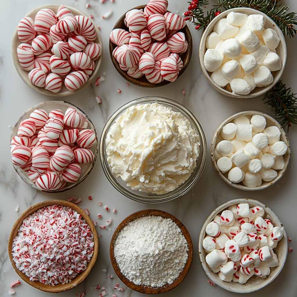 Candy Cane Kiss Marshmallow Dip ingredients arranged neatly on a clean white marble surface: finely chopped red and white Candy Cane Kisses in a small clear glass bowl, a smooth, creamy mound of softened cream cheese on a white ceramic plate, a fluffy dollop of glossy white marshmallow fluff in a small white ramekin, a heap of fine white powdered sugar on a minimalistic porcelain dish, and a vibrant pile of crushed red and white candy canes in a rustic wooden bowl. Surrounding these are festive, bright red and white whole Candy Cane Kisses, some scattered partially unwrapped for texture and color contrast. The composition is accented with subtle holiday props like small pine branches and a soft natural light creating gentle shadows and highlights, emphasizing the glossy, powdery, and crystalline textures. The arrangement is balanced and inviting, with pops of red amid clean whites, styled with a modern yet cozy holiday vibe. Overhead shot, top down view, flat lay photography, professional food styling --ar 1:1 --q 2 --s 750 --v 6.1