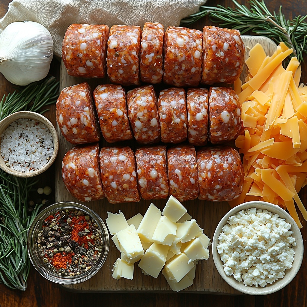 pound of raw sausage links with rich marbled texture, a clear glass measuring cup filled with golden amber beer, a rustic bowl overflowing with shredded sharp cheddar cheese in bright orange hues, a smooth block of creamy white cream cheese on a small wooden board, a small white ramekin filled with finely diced translucent white onions, tiny ceramic spoons holding earthy reddish-brown paprika and pale beige garlic powder, a small heap of coarse salt and cracked black peppercorns on natural linen cloth. All ingredients are neatly arranged in a balanced circular composition on a clean light wooden surface with soft natural lighting creating gentle shadows and highlighting vibrant colors and textures. Minimal props and neutral-toned linen napkin accentuate freshness and simplicity. overhead shot, top down view, flat lay photography, professional food styling --ar 1:1 --q 2 --s 750 --v 6.1