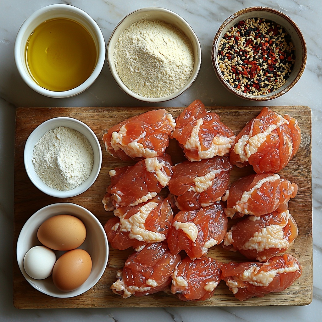 A clean white marble surface with all the main ingredients for Chinese-style fried chicken wings carefully arranged in a visually balanced flat lay. Ten whole raw chicken wings with pale pink skin are fanned out on a small wooden board. Nearby, a small white bowl holds golden vegetable oil, catching the light softly. Next to it, a set of tiny porcelain bowls contains the dry seasonings: salt, garlic powder, sugar, white pepper, ground ginger, and onion powder, each showing their distinct textures and colors—coarse white salt crystals, fine beige garlic powder, light brown ground ginger, and speckled white onion powder. A delicate small dish holds dark amber sesame oil with a glossy surface. A crisp white ramekin contains white all-purpose flour; adjacent to it, a glass bowl with translucent white cornstarch, powdery and smooth. A shallow dish displays rich dark soy sauce, almost black with a reflective shine, next to a small clear glass bowl filled with pale amber mirin. A clean white bowl holds a whisked bright yellow egg mixture with a slightly frothy texture on top. The ingredients are spaced evenly with natural light casting soft shadows, subtle rustic accents like a small wooden spoon and a linen napkin adding warmth and texture to the composition. The overall palette combines light neutrals, warm yellows, and rich dark browns, emphasizing contrast and freshness. Overhead shot, top down view, flat lay photography, professional food styling --ar 1:1 --q 2 --s 750 --v 6.1