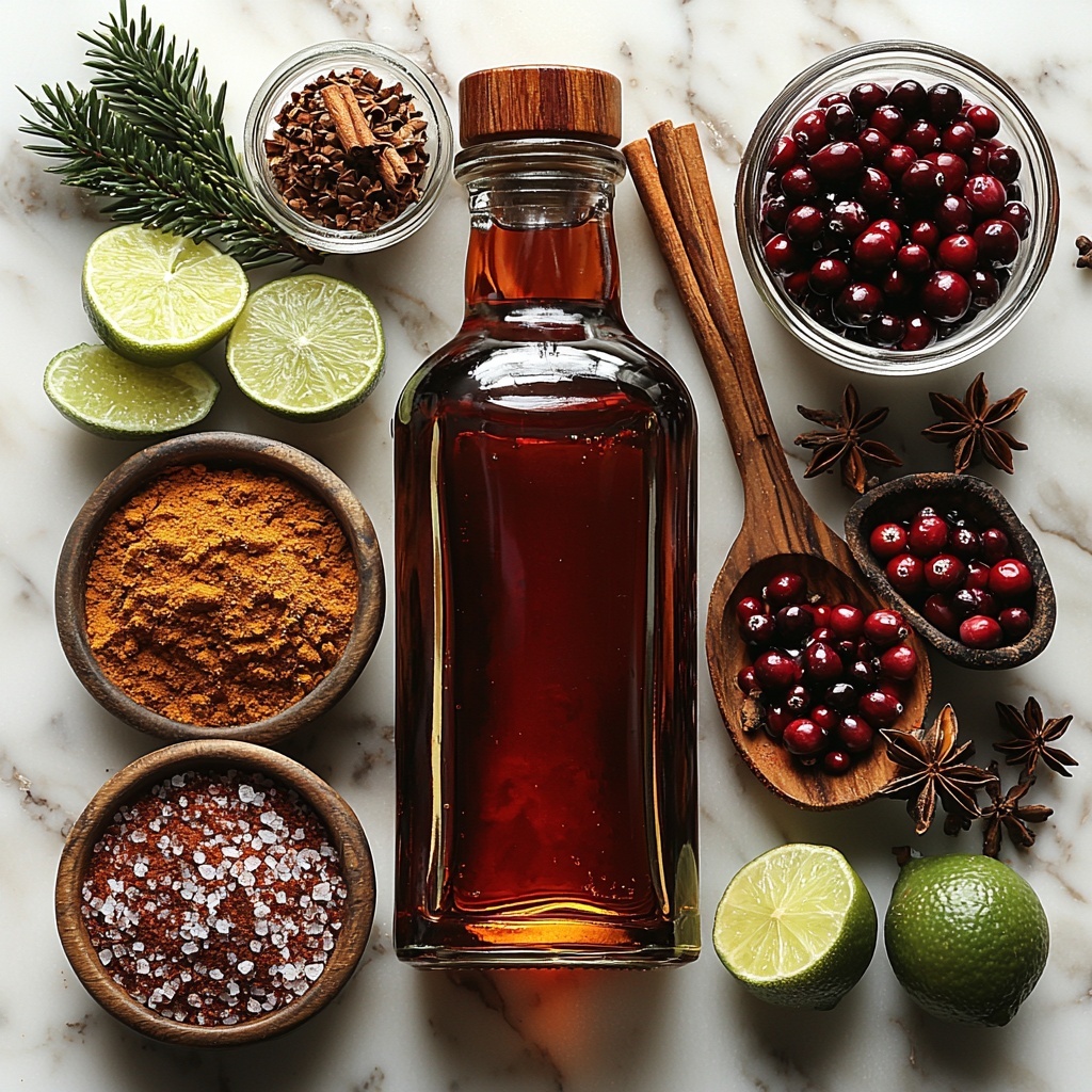 Tequila bottle with rich amber liquid, fresh whole limes and lime wedges showing bright green flesh, small clear glass measuring cup filled with vibrant red cranberry juice, a small glass jar of orange liqueur glowing golden-orange, rustic wooden spoon heaped with ground cinnamon showcasing warm brown powder, tiny bowl with fine nutmeg in light beige, small dish of dark brown allspice powder, translucent bottle of golden agave syrup with a sticky texture, coarse salt and sugar mixture with specks of cinnamon arranged in a tiny white bowl, scattered cinnamon sticks and whole nutmeg nuts adding natural texture, all ingredients artistically spaced on a clean white marble surface with soft natural lighting casting gentle shadows, minimal props for a cozy festive mood, vibrant seasonal colors highlighting freshness and spice textures, sharp details capturing powder crumbs and liquid reflections, subtle festive accents like a sprig of pine nearby, overhead shot, top down view, flat lay photography, professional food styling --ar 1:1 --q 2 --s 750 --v 6.1
