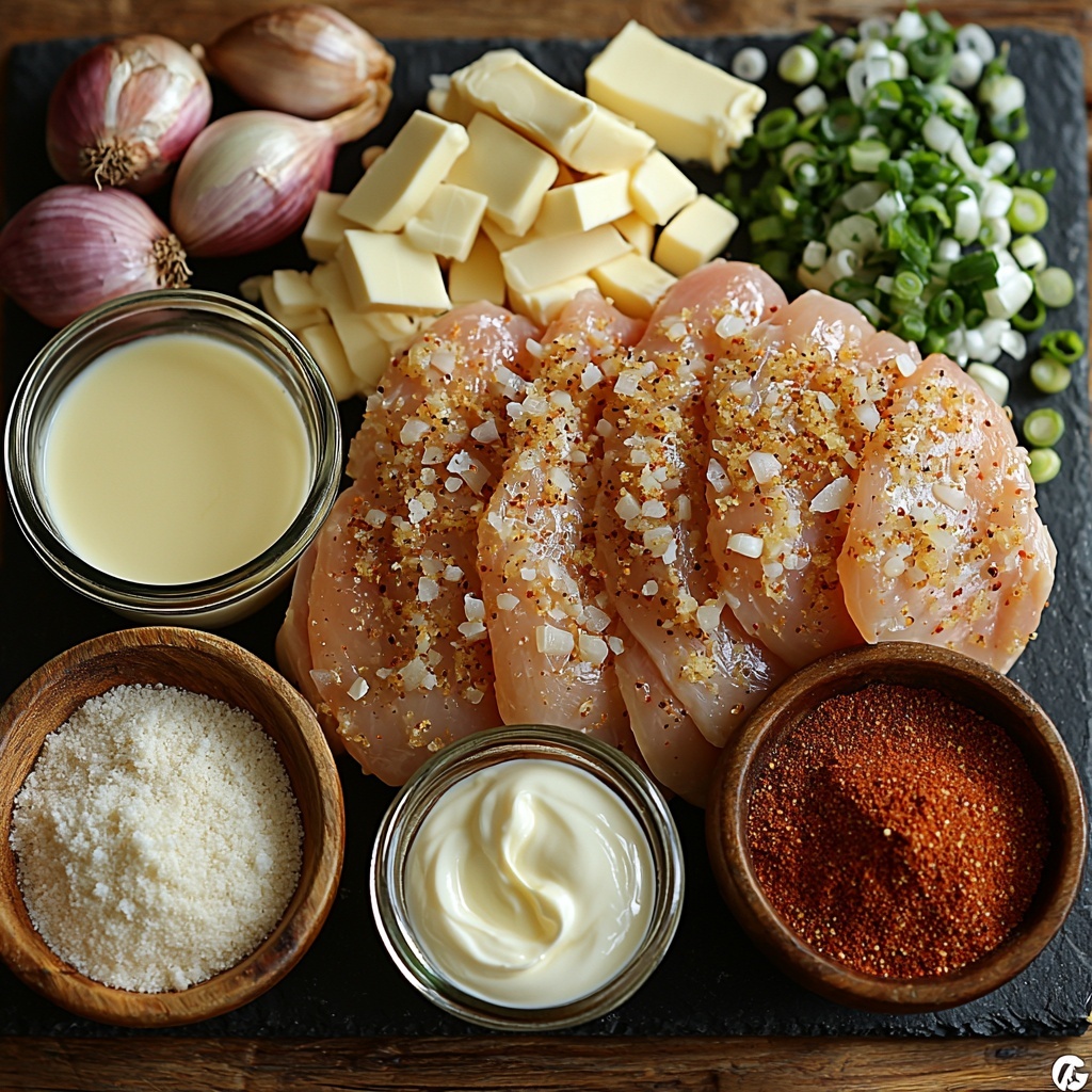 Fresh breadcrumb (Italian style), salt in a small white ceramic dish, onion powder and paprika in delicate glass bowls, melted margarine in a clear glass measuring cup showing rich golden liquid, four raw chicken breasts with smooth pale pink skin arranged neatly, chopped onions separated into quarters with visible layers, two tablespoons melted butter in a small rustic bowl, two tablespoons flour in a natural linen-lined bowl, a bowl of creamy white sour cream with a subtle sheen, scattered whole black peppercorns and cracked ground pepper on a dark slate surface, vibrant chopped green onions with bright green hues in a small wooden bowl. All ingredients artfully spaced on a clean, light wooden surface with soft natural daylight highlighting the textures—the crisp crumbs, glossy margarine, translucent onion layers, and creamy sour cream—styled with minimal props like a vintage silver spoon and a folded linen napkin for a warm, inviting feel. Overhead shot, top down view, flat lay photography, professional food styling --ar 1:1 --q 2 --s 750 --v 6.1