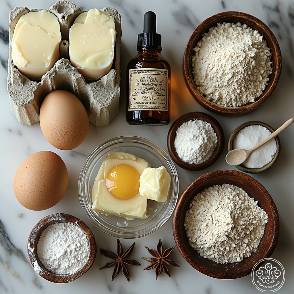 a clean white marble surface with neatly arranged ingredients for Anise Pizzelle Cookies: two large brown eggs in a small ceramic bowl, a glass measuring cup filled with melted golden butter, a small glass bowl of coarse white granulated sugar, a small amber bottle labeled anise extract with a dropper, a tiny dish of pale vanilla extract, a wooden bowl heaped with fine white all-purpose flour, a small porcelain spoon holding white baking powder, and a pinch of fine white salt on a minimalist ceramic dish; soft natural light casting gentle shadows, subtle textures of smooth eggshells, powdery flour, and glossy melted butter, composition balanced with space between items, styled with dried anise star pods and a linen napkin folded casually on the side, overhead shot, top down view, flat lay photography, professional food styling --ar 1:1 --q 2 --s 750 --v 6.1