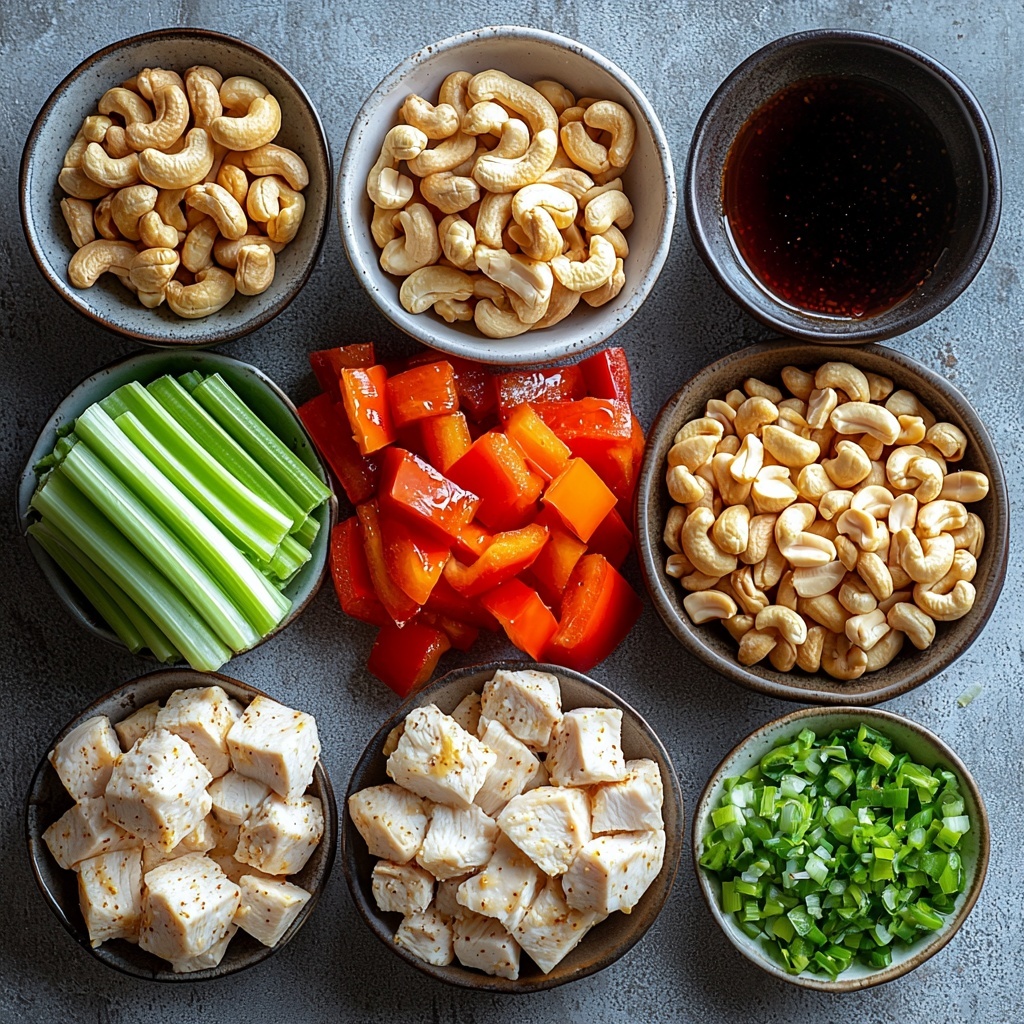 A clean, bright surface with all main ingredients for a Cashew Chicken Stir Fry neatly arranged in a visually balanced flat lay: bite-size pieces of raw boneless, skinless chicken breast seasoned with salt and pepper in a small white bowl; a small bowl of cornstarch with a delicate dusting around it; vibrant red bell pepper pieces, crisp celery slices, and earthy cremini mushrooms quartered, all grouped in fresh piles showing their natural textures; a small heap of coarsely shredded bright orange carrots with visible bagged texture; thinly sliced green onions separated into two piles to show freshness and vibrant green shades; a tiny dish of minced garlic with fine granules; a bowl of dry-roasted unsalted cashew halves with golden hues; a small pile of pale sesame seeds sprinkled loosely nearby; four small bowls arranged in a row containing the stir-fry sauce components—rich dark soy sauce, golden rice vinegar, glossy hoisin sauce, and amber honey with liquid reflections; fresh grated ginger showing fibrous detail beside a small spoon of bright red Sriracha; a small dish of glossy sesame oil with a golden shimmer; and a neat pile of cooked white rice with fluffy texture on a simple plate at the corner. The composition uses natural light to highlight the vivid colors and varied textures, with soft shadows and minimal props to keep focus on the ingredients. The scene is styled cleanly and crisply, emphasizing freshness and vibrant contrast, perfect for professional food photography. Overhead shot, top down view, flat lay photography, professional food styling --ar 1:1 --q 2 --s 750 --v 6.1