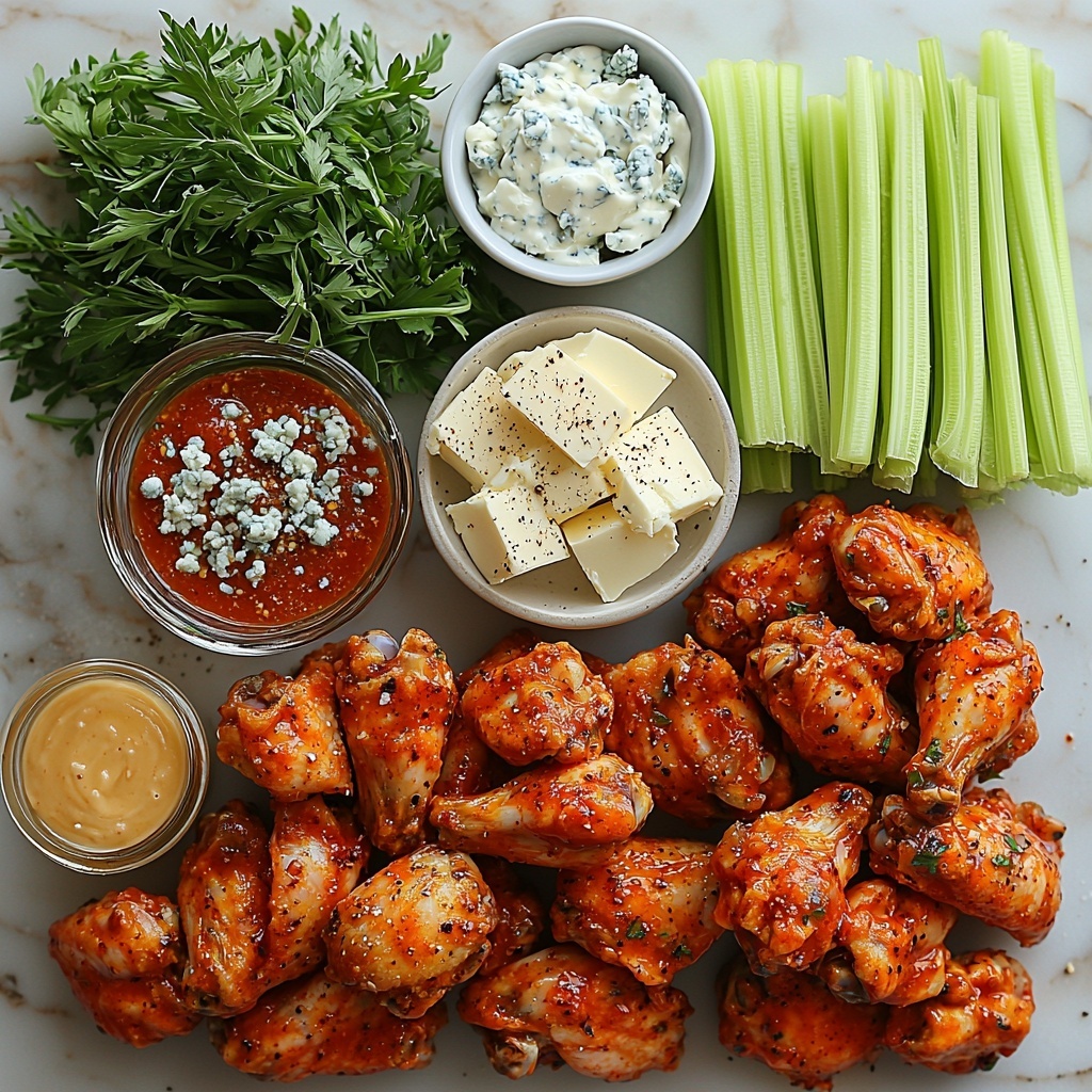 chicken wings raw and seasoned with salt and cayenne pepper, half cup bright red hot sauce in a small bowl, half cup unsalted butter in a clear glass bowl, small white bowl with white vinegar, white ceramic spoon with garlic powder, small pile of cayenne pepper, coarse salt scattered artfully, fresh crisp green celery sticks neatly stacked, creamy white blue cheese dressing in a rustic bowl, all ingredients arranged neatly and spaced on a clean white marble surface, vibrant colors and varied textures highlighted, natural soft lighting enhancing the freshness and richness of each element, slight shadows for depth, minimalistic and modern styling emphasizing the contrast between the warm tones of the wings and sauce and the cool greens and whites of the celery and dressing, overhead shot, top down view, flat lay photography, professional food styling --ar 1:1 --q 2 --s 750 --v 6.1