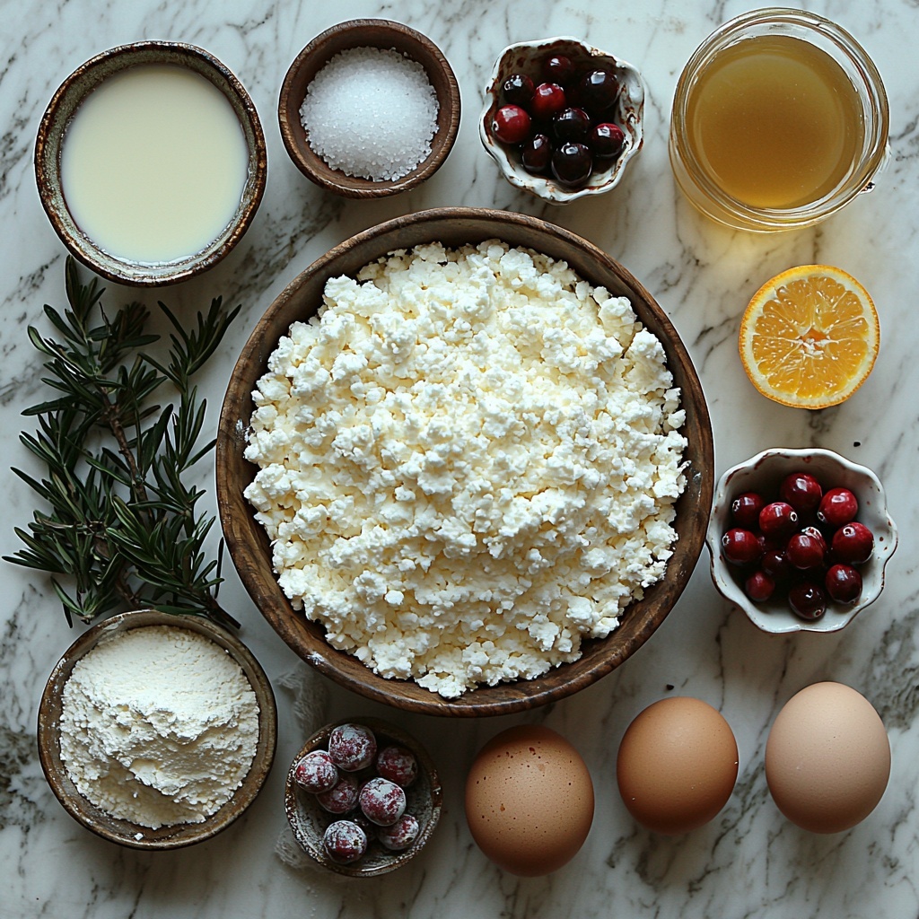 4 cups all-purpose flour in a clear glass measuring cup, fine white powder texture; 1/4 cup granulated sugar in a small vintage bowl, sparkling white crystals catching subtle light; 1 packet instant yeast with small beige granules spilling slightly from an open packet; 1 teaspoon salt, fine white grains neatly sprinkled on a ceramic spoon; 1/2 cup warm milk in a small glass pitcher, creamy white liquid with a slight sheen; 1/4 cup unsalted butter melted in a small clear bowl, golden yellow, smooth and glossy surface; 2 large fresh brown eggs with smooth shells, placed side by side; 1 cup fresh chopped cranberries, vibrant deep red glossy pieces, scattered lightly on parchment paper; 1 tablespoon bright orange zest, finely shredded, vivid and textured; 1/2 cup powdered sugar in a white bowl, soft snowy texture with slight dusting around edges; 2 tablespoons fresh orange juice in a small clear dish, bright translucent orange liquid catching light; ingredients thoughtfully spaced and carefully arranged on a clean white marble surface with natural soft lighting enhancing vibrant colors and textures, some ingredients in rustic ceramic bowls and wooden spoons for contrast, minimalist and elegant styling with subtle shadows; overhead shot, top down view, flat lay photography, professional food styling --ar 1:1 --q 2 --s 750 --v 6.1