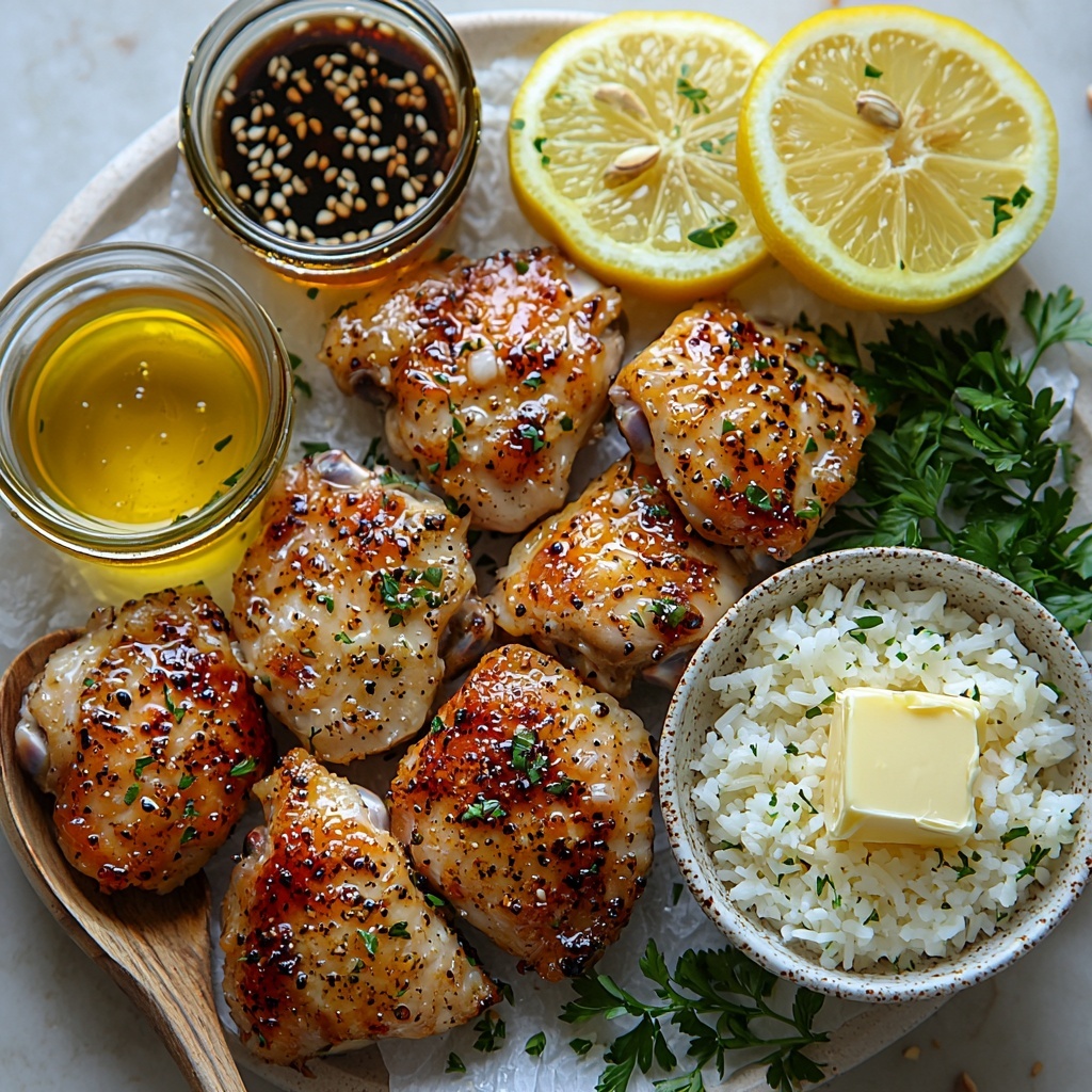 boneless skinless chicken thighs with a slight sheen of olive oil, uncooked white rice in a small ceramic bowl with soft, fluffy texture, four garlic cloves minced finely scattered on a wooden spoon, three tablespoons honey in a small glass jar showing golden amber color, three tablespoons unsalted butter in a partially melted state on parchment paper, two cups chicken broth in a clear measuring cup with pale yellow hues, two tablespoons dark soy sauce in a tiny porcelain dish reflecting light, one tablespoon olive oil in a small white ramekin with glossy texture, vibrant chopped fresh parsley loosely piled on a rustic white plate with deep green leaves, coarse salt crystals and cracked black peppercorns sprinkled artfully around, three thin lemon slices showing bright yellow rind and juicy pulp arranged in a fan shape, all ingredients arranged neatly on a clean white marble surface that enhances natural colors and textures, soft natural light from the side casting delicate shadows, minimalistic styling with subtle props to evoke freshness and warmth, overhead shot, top down view, flat lay photography, professional food styling --ar 1:1 --q 2 --s 750 --v 6.1