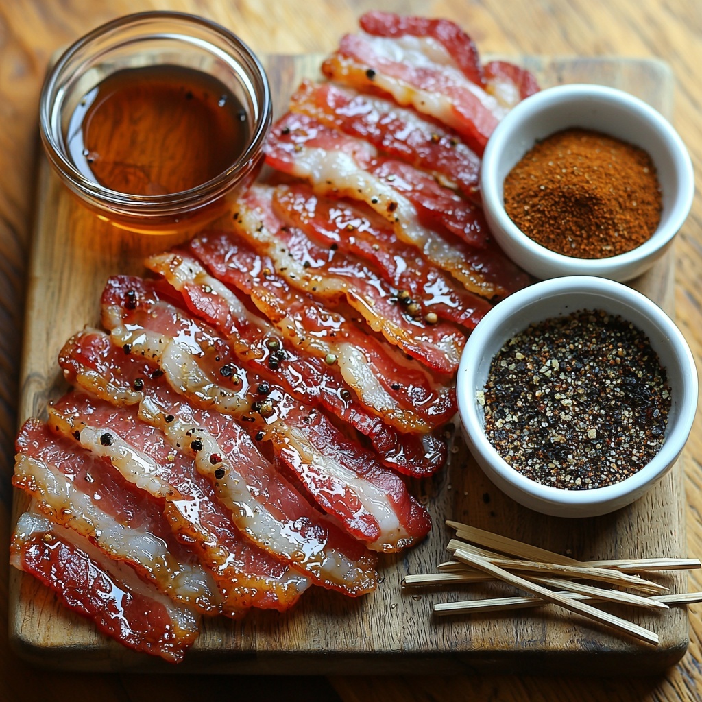 thick-cut bacon slices, raw and unraveled showing marbled pink and white fat texture; small glass bowl with glossy amber maple syrup; rustic wooden bowl filled with moist, dark brown sugar crystals; small white ceramic dish with coarse black pepper specks; wooden toothpicks scattered alongside; all ingredients neatly arranged on a clean, light-colored wooden surface with natural soft daylight highlighting the rich colors and glossy textures; subtle shadows for depth, minimal rustic props for a warm, inviting seasonal vibe; overhead shot, top down view, flat lay photography, professional food styling --ar 1:1 --q 2 --s 750 --v 6.1