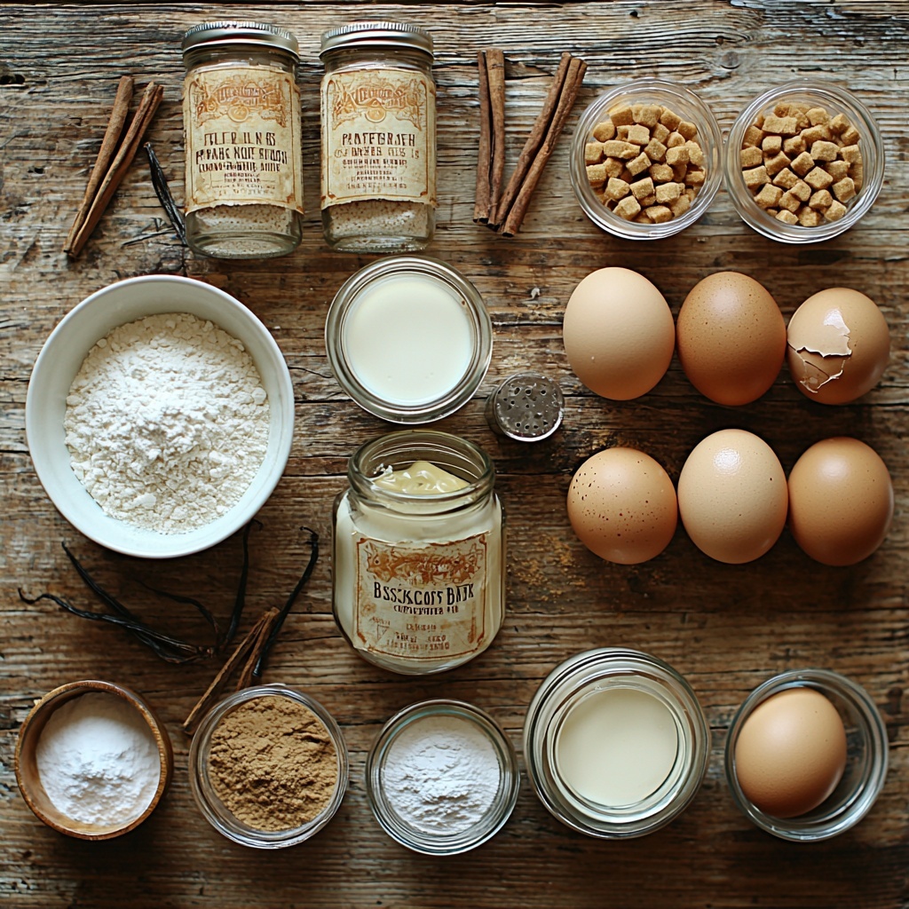 all-purpose flour in a small white ceramic bowl, baking powder and salt in tiny glass ramekins, 4 large brown eggs arranged neatly next to a clear measuring cup filled with granulated sugar, ½ cup whole milk in a transparent glass pitcher, a small glass bottle of vanilla extract with a wooden cork, a jar of rich, creamy Biscoff spread partially open with a small spreading knife resting on top, two unopened cans of evaporated milk and sweetened condensed milk with vintage labels visible, a glass bowl of thick heavy cream next to a small bowl of powdered sugar, and a scattering of golden crushed Biscoff cookies on a rustic wooden surface. The ingredients are arranged in an aesthetically pleasing semi-circle spacing with natural soft daylight highlighting the warm tones and creamy textures, subtle shadows adding depth, and a few fresh vanilla pods and cinnamon sticks as delicate accents for warmth. Overhead shot, top down view, flat lay photography, professional food styling --ar 1:1 --q 2 --s 750 --v 6.1