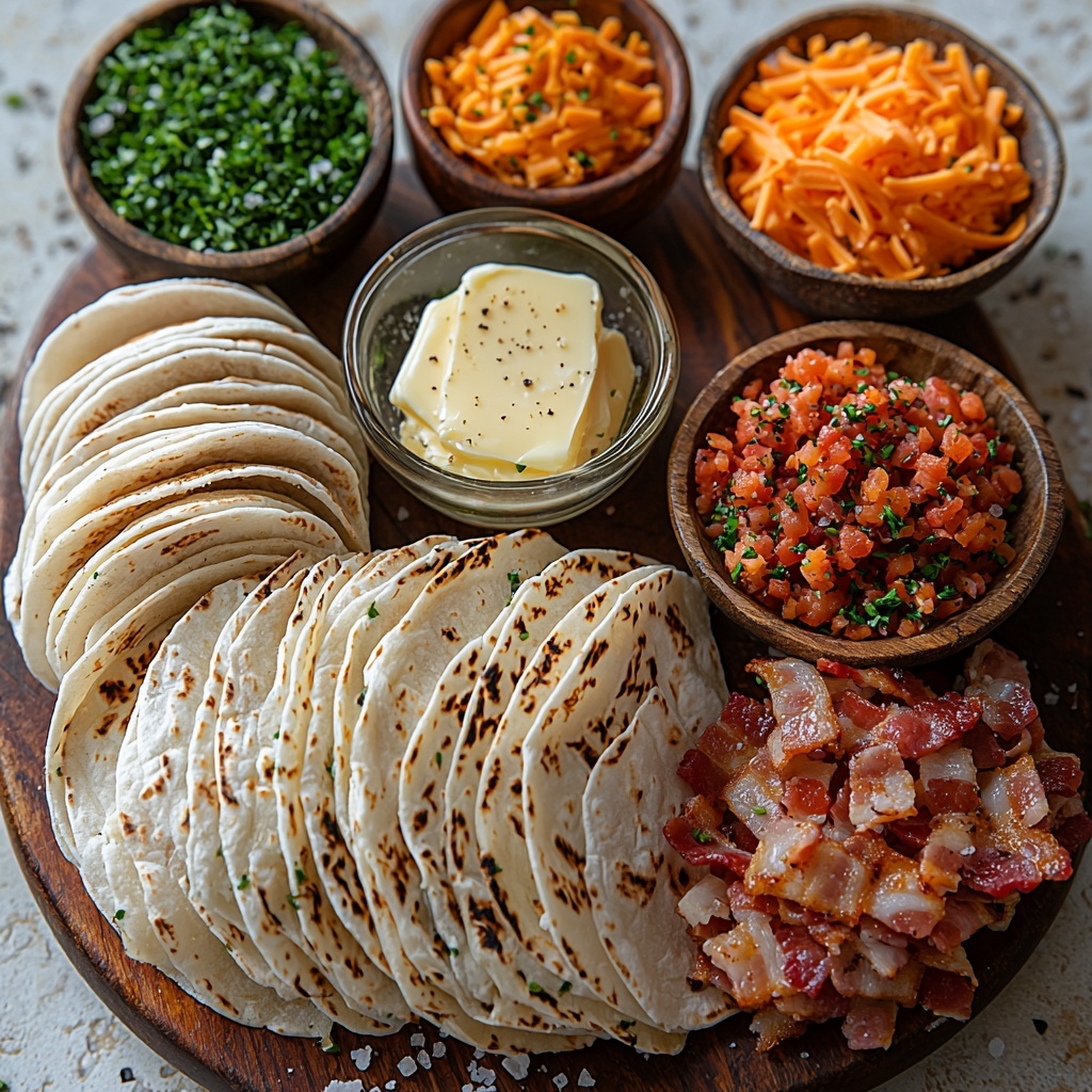 A clean white marble surface neatly arranged with the main ingredients for garlic butter bacon cheeseburgers: a small glass bowl of melted golden butter mixed with minced garlic, a few whole garlic cloves beside it, a small wooden bowl of dried green parsley flakes, scattered coarse salt crystals, a pile of freshly ground black pepper, six large soft flour tortillas stacked slightly fanned out, a rustic plate piled with crispy, browned crumbled bacon pieces, two small bowls—one filled with bright orange shredded cheddar cheese and the other with creamy white shredded mozzarella, and a small bunch of vibrant green chopped fresh chives artistically sprinkled around. Soft natural light emphasizes the rich textures of the melted butter gloss, crispy bacon edges, and fluffy tortillas, with subtle shadows adding depth. Minimal props, gentle shadows, and negative space create a fresh, inviting composition. overhead shot, top down view, flat lay photography, professional food styling --ar 1:1 --q 2 --s 750 --v 6.1