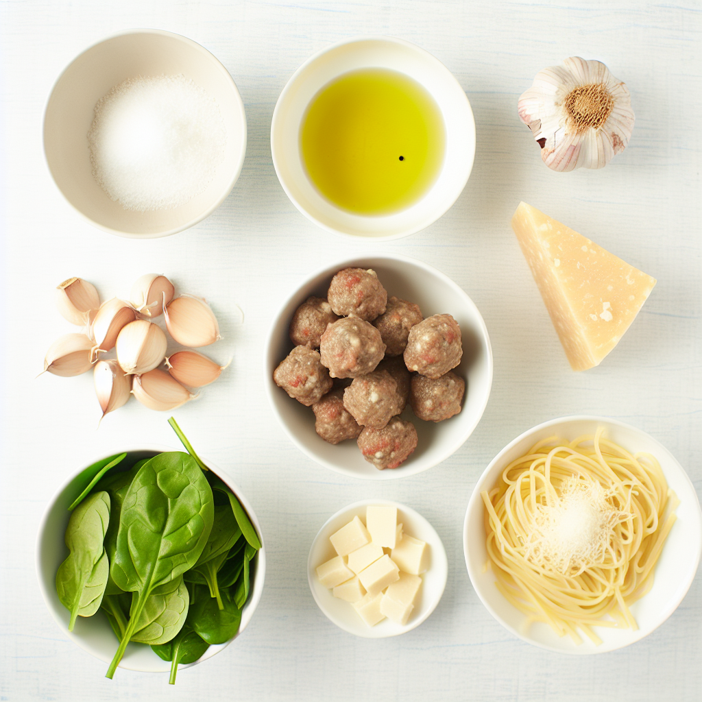 Garlic Olive Oil Pasta with Meatballs and Spinach Recipe - Recipe Image