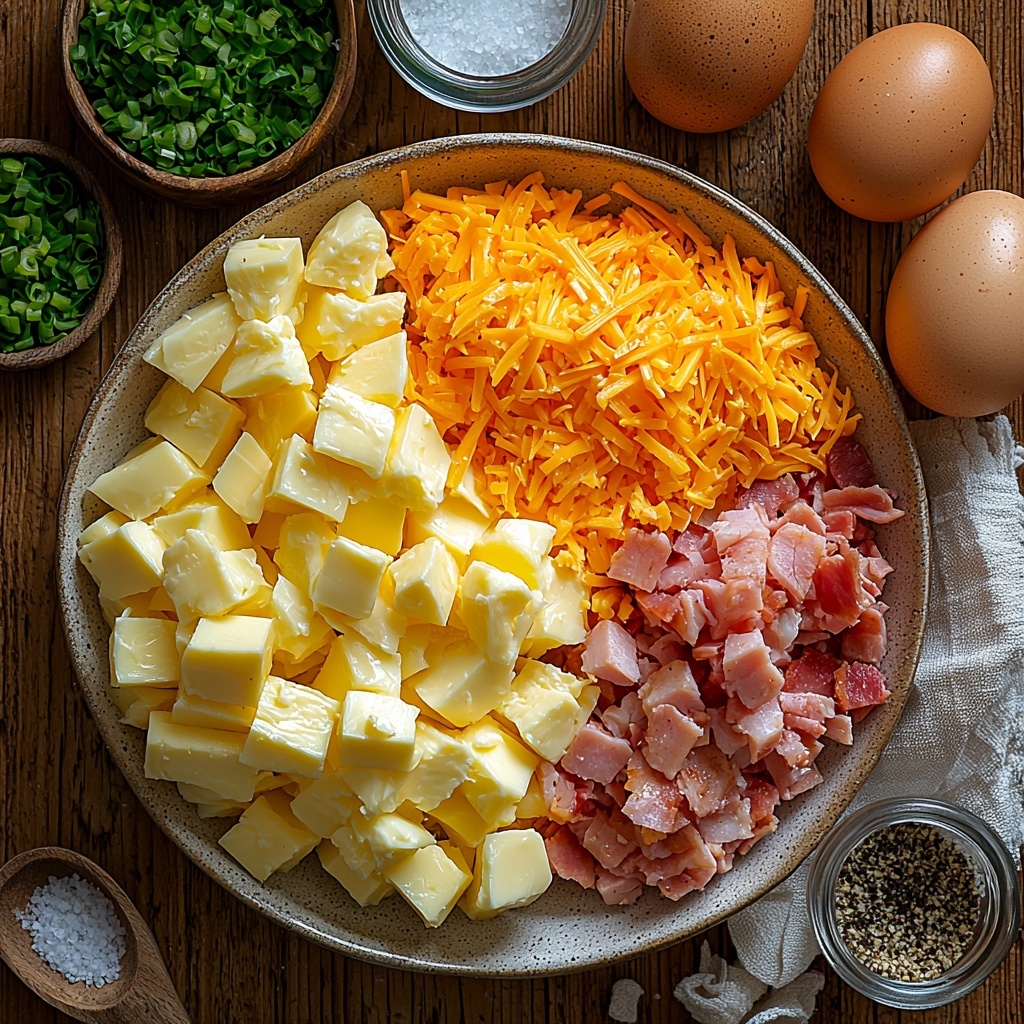 diced medium potatoes in a small rustic bowl with their rough, starchy texture visible, shredded bright orange cheddar cheese loosely piled on a small white ceramic plate showing fine strands, four large fresh eggs with smooth brown shells arranged neatly in a natural egg carton section, a glass measuring cup filled halfway with creamy white milk, chopped cooked ham or crispy bacon pieces displayed on a small wooden dish highlighting their savory, slightly caramelized texture, vibrant green chopped green onions or chives scattered artfully on a clean white linen napkin, two tablespoons of glossy golden butter resting on a small butter dish, and simple bowls of coarse salt and cracked black pepper with visible crystals, all arranged thoughtfully on a clean, light wood surface with soft natural light casting gentle shadows, subtle props like a neutral-toned linen cloth and minimalist kitchen utensils placed carefully to enhance texture and color contrast, clean, bright, and airy styling emphasizing freshness and homely appeal, overhead shot, top down view, flat lay photography, professional food styling --ar 1:1 --q 2 --s 750 --v 6.1