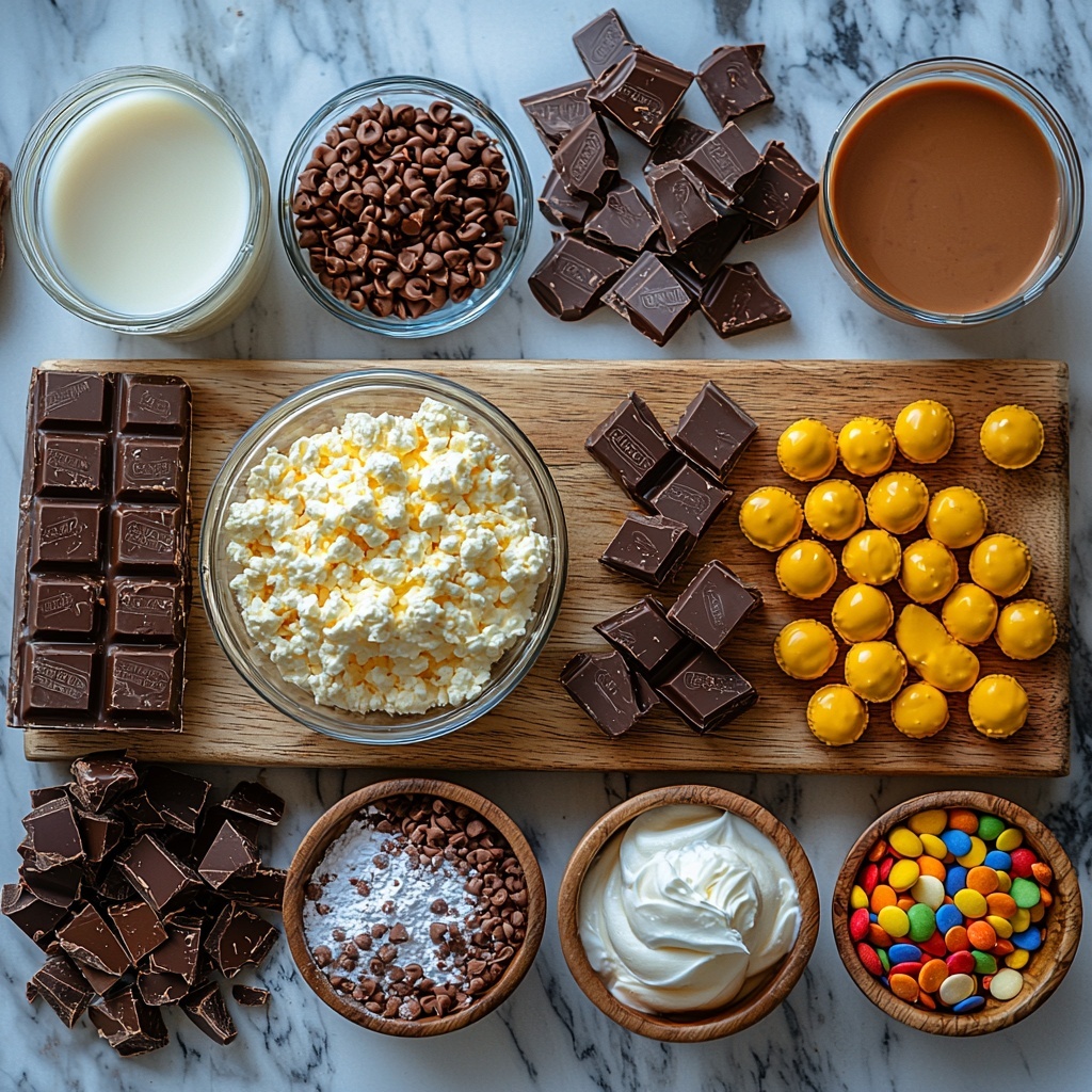 Chocolate cake mix box with eggs, oil, water ingredients arranged neatly; creamy peanut butter in a small glass bowl, golden smooth texture; can of sweetened condensed milk unopened, shiny metallic surface; instant vanilla pudding mix box, pastel yellow packaging visible; clear glass measuring cup with whole milk, creamy white liquid; softened cream cheese on a white plate, smooth and creamy texture; small bowl of powdered sugar, fine white powder; heavy whipping cream in a small jug, glossy and fluid; vanilla extract bottle with amber liquid; additional melted peanut butter in a small dish with glossy sheen; chopped Reese’s Cups scattered on a wooden board, rich chocolate and peanut butter pieces; colorful Reese’s Pieces candies loosely placed in a small bowl, vibrant orange, yellow, and brown hues. All ingredients carefully spaced on a clean white marble surface with natural light casting soft shadows, some rustic props like wooden spoons and a whisk subtly included for warmth. Overhead shot, top down view, flat lay photography, professional food styling --ar 1:1 --q 2 --s 750 --v 6.1