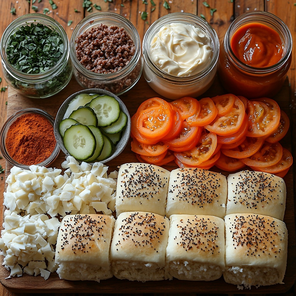 Hawaiian rolls sliced in half showing soft, fluffy white interior and golden-brown tops; raw lean ground beef in a small rustic bowl with visible texture; a small clear bowl of finely diced white onions; piles of coarse salt, black peppercorns, and garlic powder arranged neatly on a wooden surface; individual round dill pickle slices glossy and vibrant green on a white ceramic plate; sharp, orange cheddar cheese slices stacked slightly fanned out; small glass bowl of melted butter with a shiny surface; sesame seeds scattered delicately near the rolls; small jars of mayo, mustard, and ketchup with creamy, bright textures; all ingredients arranged thoughtfully on a clean light wooden table with natural daylight casting soft shadows, styled with minimal white linen napkins and gentle hints of fresh herbs for color contrast, emphasizing fresh textures and vibrant colors, overhead shot, top down view, flat lay photography, professional food styling --ar 1:1 --q 2 --s 750 --v 6.1