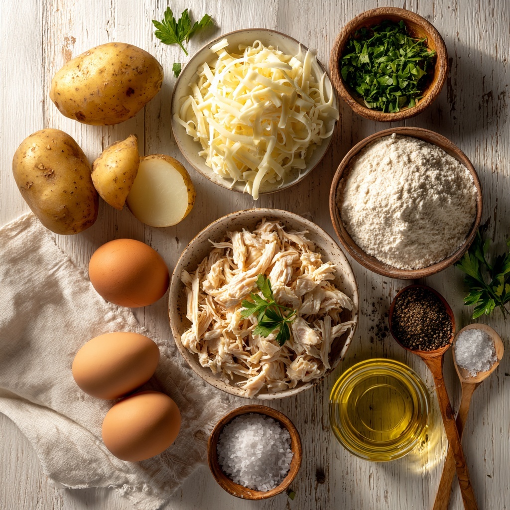 3 large raw potatoes, whole and one partially peeled showing white flesh, a small bowl with shredded mozzarella cheese, a bowl of cooked shredded chicken, two whole brown eggs, a small heap of white flour, fresh green parsley sprigs neatly arranged, small wooden bowls with black pepper and garlic powder, a pinch of coarse salt crystals scattered artistically, a small glass container of golden frying oil, all ingredients spaced evenly on a clean, light wooden surface with soft natural lighting highlighting the varied textures – rough potato skin, fluffy chicken strands, smooth mozzarella, and delicate herb leaves, subtle shadows adding depth, styled with minimal rustic props like a wooden spoon and a white linen napkin at the edge for warmth and context, overhead shot, top down view, flat lay photography, professional food styling --ar 1:1 --q 2 --s 750 --v 6.1