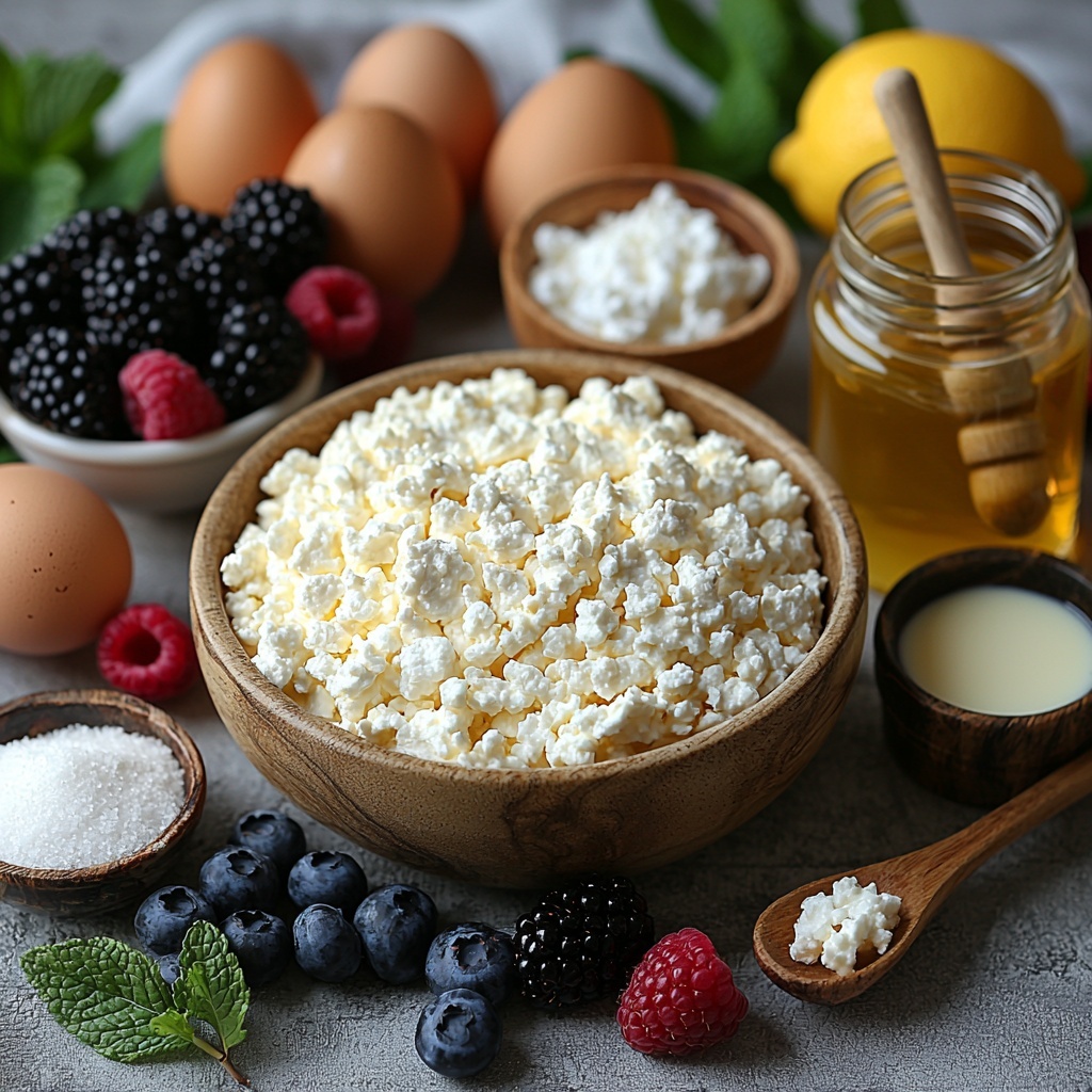 A clean, bright surface arranged with all the main ingredients for a Cottage Cheese & Yogurt Egg Cheesecake: a small bowl of golden graham cracker crumbs with a pat of melted butter beside it; a wooden spoon resting next to a small glass bowl of granulated sugar and a tiny dish of salt; a generous bowl of creamy, white full-fat cottage cheese with a ceramic spoon; a jar of thick, smooth plain Greek yogurt; three large fresh eggs with smooth brown shells; a small bowl of cornstarch with a vintage measuring spoon; a small glass bottle of vanilla extract with a wooden cork; a fresh lemon with a few strands of bright yellow lemon zest artfully scattered nearby; a colorful mix of fresh berries—deep red raspberries, dark blue blueberries, and bright purple blackberries—in a rustic bowl; a small jar of golden maple syrup with a honey dipper resting on the side; and a few vibrant green fresh mint leaves placed delicately on a linen napkin. The textures range from crumbly graham cracker crumbs to smooth cottage cheese and yogurt, glossy eggshells, and juicy berries, all neatly spaced to create a balanced, inviting composition. Natural soft lighting highlights the freshness and colors, with slight shadows adding depth. Overhead shot, top down view, flat lay photography, professional food styling --ar 1:1 --q 2 --s 750 --v 6.1