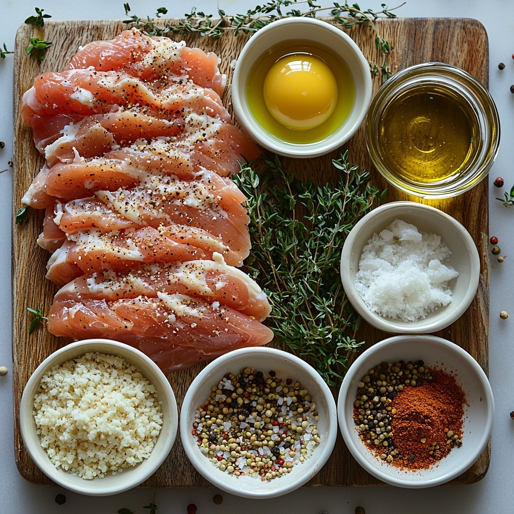 A clean white marble surface with the main ingredients for homemade baked chicken tenders neatly arranged in an artistic flat lay. Raw chicken breast strips placed on a small rustic wooden board, next to a clear glass bowl filled with golden, coarse breadcrumbs mixed with grated Parmesan cheese, visible bits of white and pale yellow. A small white ceramic dish holding grated Parmesan cheese, textured and slightly crumbly. A tiny white bowl with bright red paprika powder, and another with off-white garlic powder, both showing fine textures. Two small bowls with cracked black pepper and fine white salt, adding contrast. A clear glass bowl with two beaten eggs, their rich yellow-orange color shimmering. A small spray bottle of olive oil with a light sheen. Delicate sprigs of fresh herbs subtly placed for color balance. Soft natural lighting enhancing the warm tones and varied textures, minimal shadows, and a slightly rustic but clean and elegant styling. Overhead shot, top down view, flat lay photography, professional food styling --ar 1:1 --q 2 --s 750 --v 6.1