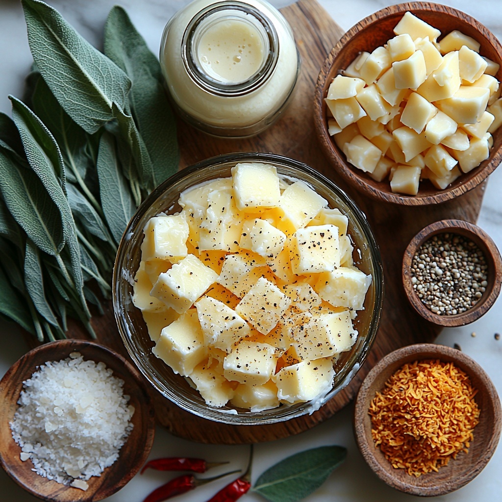 buttered sage leaves, golden melted salted butter in a small skillet, fresh bright green whole sage leaves arranged neatly, chopped fresh sage scattered in a small rustic ceramic bowl, peeled cloves of garlic roughly chopped on a wooden cutting board, small heap of red chili flakes in a white porcelain dish, smooth vibrant orange pumpkin purée in a glass jar, clear glass cup filled with amber apple cider, whole milk in a simple white ceramic cup, a small mound of finely grated pale parmesan cheese on crumpled parchment paper, shredded creamy pale yellow gouda cheese in a small bowl, a pinch of warm brown nutmeg powder next to a vintage tea spoon, coarse kosher salt crystals in a small earthenware dish, whole black peppercorns in a wooden spoon, uncooked fettuccine pasta neatly coiled in a natural light wooden bowl, all items arranged on a clean white marble surface with soft natural light, subtle shadows and textures visible, minimalistic styling, warm autumnal color palette, cozy and inviting atmosphere, overhead shot, top down view, flat lay photography, professional food styling --ar 1:1 --q 2 --s 750 --v 6.1