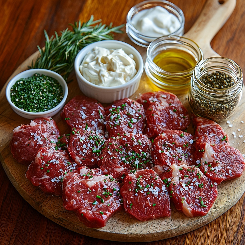 4 cloves minced garlic in a small white ramekin, fresh bright green chopped rosemary and thyme leaves sprinkled loosely beside each other, coarse kosher salt and freshly ground black pepper in small glass bowls, a raw 4-pound beef tenderloin trimmed and tied into neat 2-inch sections resting on a natural wooden board showcasing its rich deep red color and marbled texture, a rustic small jar of golden olive oil with a wooden dipper, a creamy white bowl of sour cream next to a pale mayonnaise jar, a small dish of prepared horseradish with a slightly rough texture, vibrant chopped fresh chives scattered artistically near the sauces, all arranged neatly on a clean light marble surface with soft natural light creating gentle shadows, subtle rosemary and thyme sprigs placed as decoration, minimalist styling highlighting natural colors and textures, fresh and inviting atmosphere, overhead shot, top down view, flat lay photography, professional food styling --ar 1:1 --q 2 --s 750 --v 6.1