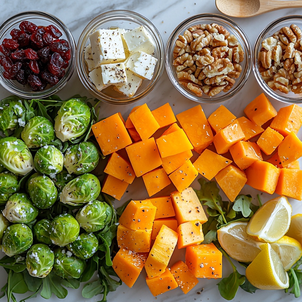 butternut squash peeled and cubed bright orange cubes, fresh green Brussels sprouts trimmed and halved with vibrant leaves, sweet potato peeled and cubed in warm orange tones, small bowl of glossy dried cranberries deep red, drizzle of golden honey with smooth texture in a clear small dish, fresh lemon with bright yellow halves, crumbled white goat cheese with creamy texture scattered lightly, small pile of toasted walnuts or pecans with rich brown hues, fresh mixed greens or arugula with lively green leaves, small bowl of olive oil glistening golden, salt and black pepper scattered in minimalist ceramic containers, arranged neatly and spaced on a clean white marble surface with soft natural daylight casting gentle shadows, textures contrasting from smooth cubes to leafy greens and crumbly cheese, pops of warm and cool colors balanced harmoniously, styled with rustic wooden utensils and a linen napkin on the side, overhead shot, top down view, flat lay photography, professional food styling --ar 1:1 --q 2 --s 750 --v 6.1
