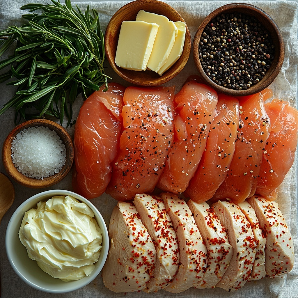 A clean, bright white surface neatly arranged with the main ingredients for stuffed chicken breast: two large boneless, skinless chicken breasts with smooth, pale pink flesh; a half block of softened cream cheese with a creamy, slightly glossy texture on a small white ramekin; a small bowl filled with vibrant green diced fire-roasted chiles showing charred edges; a half cup heap of finely grated sharp cheddar cheese in rich golden-yellow tones; a small wooden bowl of coarse sea salt crystals sparkling under soft light; a black ceramic dish holding freshly ground coarse black pepper with varied dark grains; a small glass container with deep reddish-brown ground chipotle powder showcasing a fine, dusty texture; and a small white dish with a shining pat of unsalted butter. The ingredients are spaced evenly with natural shadows, some rustic wooden spoons and a linen napkin folded softly nearby. The scene is styled with warm, natural daylight from one side highlighting textures and colors, minimalistic and elegant presentation emphasizing freshness and inviting rustic comfort. overhead shot, top down view, flat lay photography, professional food styling --ar 1:1 --q 2 --s 750 --v 6.1