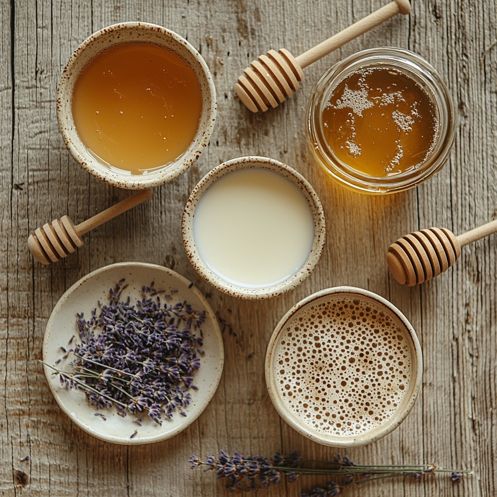 2 shots of rich dark espresso in a small clear glass, 3/4 cup creamy milk in a white ceramic measuring cup, tablespoon of golden honey in a small glass bowl, teaspoon of delicate pale purple dried culinary lavender scattered loosely, 1/4 cup clear water in a transparent glass jar, honey dipper resting beside the honey bowl, extra honey drizzled artistically on a small white plate, a few lavender buds sprinkled lightly around, all ingredients arranged neatly on a clean light wood surface with soft natural lighting casting gentle shadows, emphasizing warm earthy tones and the contrast between smooth liquids and textured lavender, minimalist composition with ample negative space, fresh and inviting aesthetic, overhead shot, top down view, flat lay photography, professional food styling --ar 1:1 --q 2 --s 750 --v 6.1