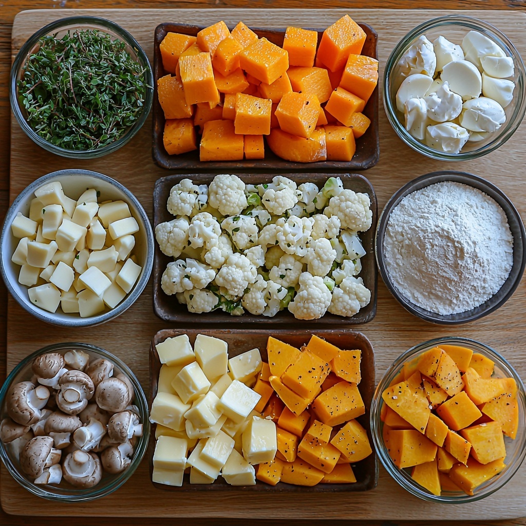 Small butternut squash peeled and diced, small baking pumpkin diced, peeled and diced large carrots, trimmed quartered Brussels sprouts, cauliflower chunks, crimini mushrooms sliced, diced yellow onion, minced garlic cloves, fresh green thyme and rosemary sprigs, dried bay leaves, lumps of unsalted butter, small bowls of olive oil and vegetable stock, bowls with all-purpose flour, baking powder, kosher salt, freshly cracked black pepper, crushed red pepper flakes, whisked egg, egg yolks, splash of buttermilk, small bowl of creamy white Greek yogurt, thawed frozen peas, all ingredients neatly arranged on a clean, light wooden surface. The colors feature vibrant autumnal oranges, greens, earthy browns, creamy whites, and subtle yellows. Textures range from smooth squash and pumpkin cubes, crisp Brussels sprouts, soft cauliflower florets, tender mushrooms and onions, to fluffy flour and creamy yogurt in bowls. The ingredients are spaced evenly with rustic ceramic and glass bowls interspersed, natural light gently illuminating the scene, slight shadows adding depth, minimal props, focused on a warm, cozy harvest theme. Overhead shot, top down view, flat lay photography, professional food styling --ar 1:1 --q 2 --s 750 --v 6.1