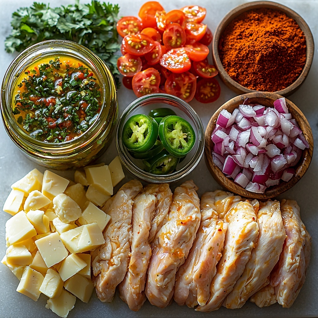 A clean white marble surface with a vibrant, fresh arrangement of ingredients for Cheesy Grilled Salsa Verde Chicken: a glass jar of bright green salsa verde with visible herbs, a small clear bowl of golden olive oil glistening in light, a halved lime showing juicy, textured pulp, a small white dish holding finely minced garlic with a slightly creamy texture, a small heap of warm reddish-brown chili powder and ground cumin powders side by side, two plump raw boneless skinless chicken breasts with smooth pale pink skin, several slices of creamy off-white Monterey Jack cheese stacked neatly, thinly sliced bright green jalapeño rings arranged in a semi-circle, finely chopped deep purple-red onions presented in a delicate pile, a small mound of fresh, vivid green cilantro leaves, and diced ripe red tomato pieces glistening with freshness. Each ingredient spaced thoughtfully with natural soft daylight highlighting the colors and textures, subtle shadows creating depth, styled with rustic wooden and ceramic bowls and minimal props to keep the focus on the food. Overhead shot, top down view, flat lay photography, professional food styling --ar 1:1 --q 2 --s 750 --v 6.1