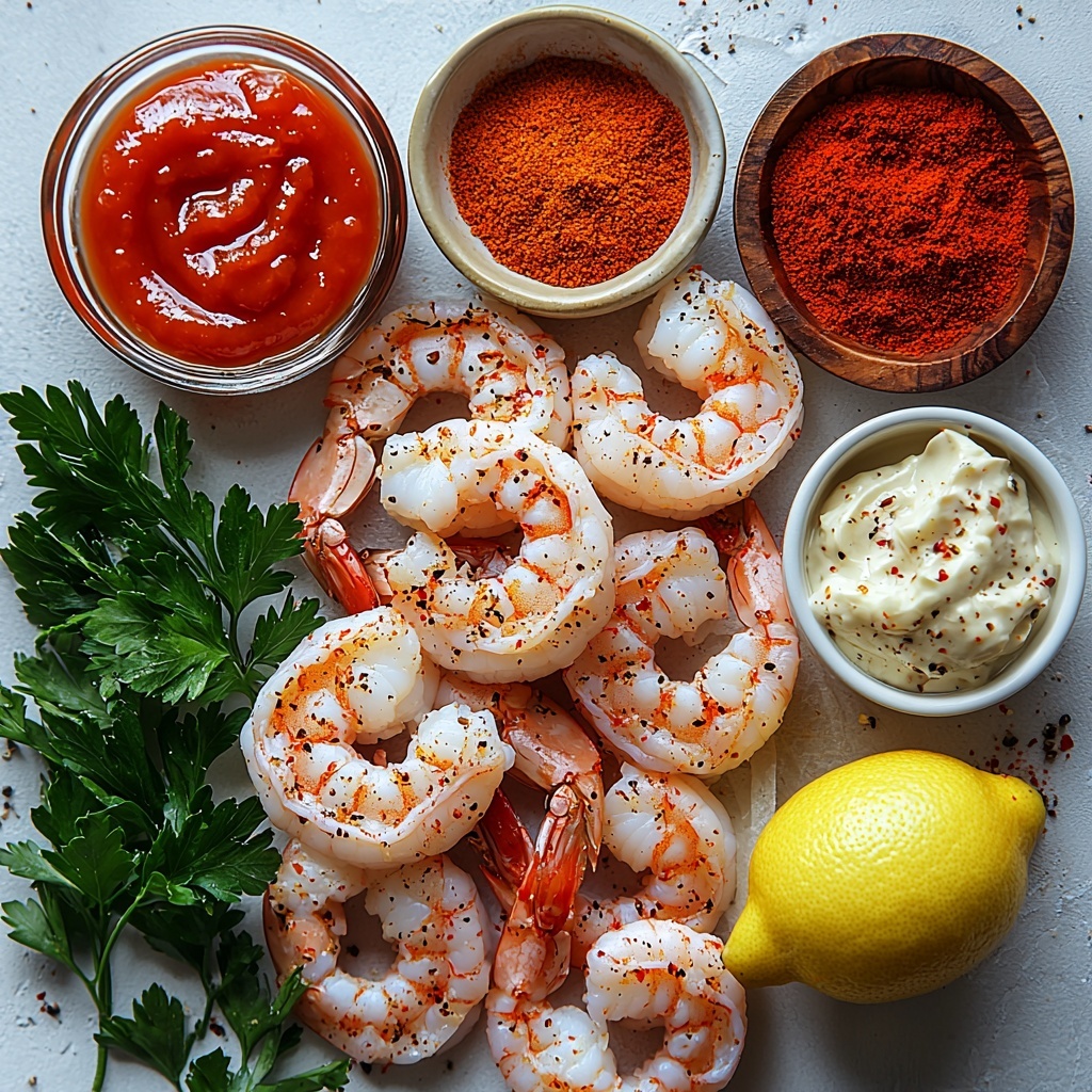 raw shell-on shrimp with pinkish translucent shells and curled tails, peeled and deveined shrimp with smooth white-pink flesh, a small glass bowl of deep red ketchup, a ceramic bowl with creamy pale beige horseradish, a wooden spoon dusted with vibrant orange-red cajun seasoning, a halved lemon showing bright yellow zest and juicy texture, fresh green parsley leaves finely chopped and scattered loosely on the surface, a small white ramekin with vivid red hot sauce, a minced clove of garlic on a small rustic dish, a drizzle of golden extra virgin olive oil pooling on white parchment paper beneath, all ingredients thoughtfully spaced and casually arranged on a pristine white matte tabletop with soft natural light casting gentle shadows, pops of color contrasting against the clean background, textures highlighted from smooth sauces to coarse spices, minimalistic and inviting composition for professional food photography — overhead shot, top down view, flat lay photography, professional food styling --ar 1:1 --q 2 --s 750 --v 6.1