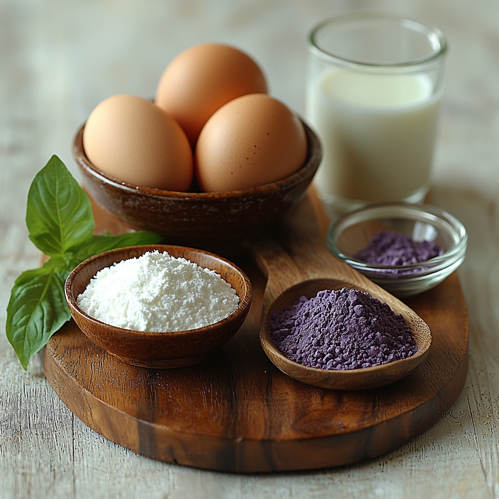 half cup shortening in a small glass bowl, one and a half cups white granulated sugar in a rustic ceramic bowl, two large brown eggs with smooth shells resting side by side, a small dish with royal blue gel paste food color alongside two drops of vivid violet gel paste food color on a white porcelain spoon, two tablespoons unsweetened cocoa powder in a dark matte bowl showing fine texture, a heap of 2 1/4 cups all-purpose flour with a slight dusting around it, a small heap of kosher salt with coarse crystalline texture on a wooden spoon, a small clear glass bowl with rich golden vanilla extract, one cup creamy buttermilk in a transparent measuring cup with visible liquid texture, one teaspoon baking soda in a tiny ceramic container, a small glass bowl of distilled white vinegar with clear liquid, all ingredients neatly spaced and arranged on a clean, light-textured wooden surface, natural daylight softly illuminating with gentle shadows, accents of fresh green leaves subtly placed to add freshness, composition is balanced and harmonious with emphasis on vivid colors and contrasting textures, overhead shot, top down view, flat lay photography, professional food styling --ar 1:1 --q 2 --s 750 --v 6.1