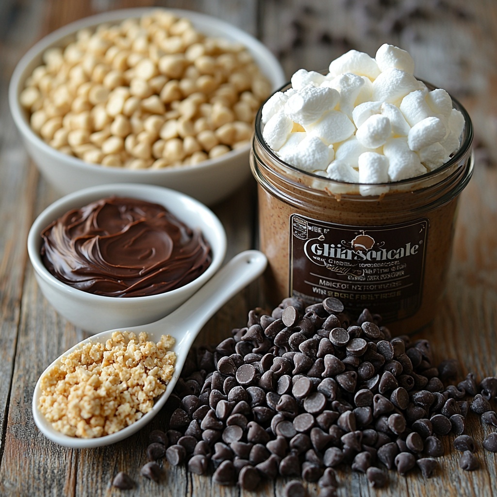 Chocolate chips in a small glass bowl showing glossy, rich dark brown pieces; smooth creamy peanut butter in a white ceramic spoon with a shiny texture; a jar of thick, fluffy white marshmallow cream with a smooth surface and slight swirl; a box of Ghirardelli brownie mix with elegant packaging, partially opened; a rustic white bowl filled with crispy light golden Rice Krispies cereal, airy and crunchy; all ingredients arranged neatly on a clean, light wood surface with soft natural lighting enhancing the warm colors and varied textures, a few scattered chocolate chips and some peanut butter smears for organic styling, clean and minimalistic background emphasizing the ingredients’ rich tones and textures, overhead shot, top down view, flat lay photography, professional food styling --ar 1:1 --q 2 --s 750 --v 6.1