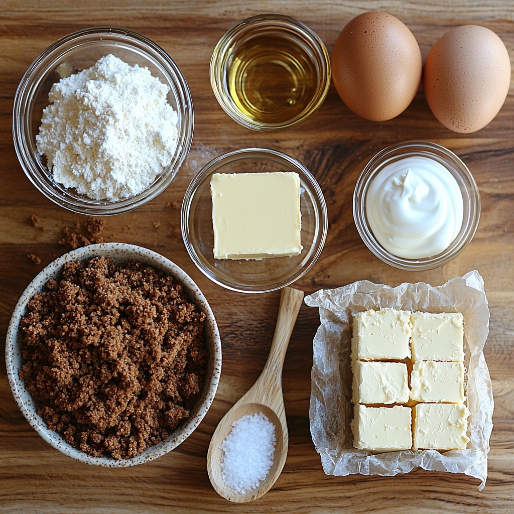 A clean, light wooden surface with the main ingredients for gingerbread cookie cheesecake bars artfully arranged in an organized flat lay. 2 cups of finely crushed deep brown gingerbread cookie crumbs are placed in a small rustic ceramic bowl, next to a small glass bowl with glossy melted golden-butter. Nearby, a small heap of rich dark brown sugar and a tiny pinch of coarse salt are sprinkled delicately on a white porcelain spoon. A block of smooth 16 oz cream cheese with a slight creamy sheen sits on a small wooden board, alongside a half cup of pure white sugar in a clear glass bowl. Two fresh brown eggs rest carefully on a neutral linen napkin, accompanied by a small glass bowl filled with silky, pale vanilla extract and a bowl of smooth, slightly matte white sour cream. The arrangement showcases varied textures—crumbly, creamy, granular, and glossy—with warm, inviting earth tones set against the clean backdrop. Soft natural lighting highlights the ingredients’ freshness, while minimal shadows create depth and balance. Overhead shot, top down view, flat lay photography, professional food styling --ar 1:1 --q 2 --s 750 --v 6.1