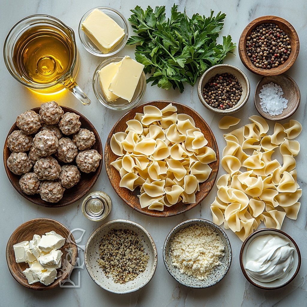A clean white marble surface with all the main ingredients of Meatball Stroganoff carefully arranged in a visually appealing flat lay. On one side, a neat pile of uncooked wide egg noodles showing their pale yellow, slightly glossy texture. Next to them, a small glass bowl filled with golden olive oil, catching the light. Nearby, a rustic wooden plate holding browned frozen meatballs with a juicy, browned crust. Sliced cremini mushrooms with their smooth, earthy brown caps fanned out on a white ceramic dish. A small clear glass cup of pale, translucent dry white wine beside a shallow dish of rich golden butter. A set of small bowls and spoons containing Dijon mustard with a creamy yellow hue, bright reddish paprika, and Italian seasoning blend of herbs with specks of green and brown. A clear measuring cup filled with dark amber low sodium beef broth with glossy surface reflections. Tiny bowls holding Worcestershire sauce, garlic powder, salt, and freshly ground black pepper with visible coarse textures. A glass jug with thick, glossy heavy whipping cream and a small bowl of creamy white sour cream showcasing smooth textures. Finally, a small heap of freshly chopped bright green Italian parsley adding a pop of color. The arrangement is balanced with natural daylight illuminating textures and colors, soft shadows enhancing depth, styled with minimalist props and subtle linen cloth to evoke a clean, fresh, inviting kitchen atmosphere. Overhead shot, top down view, flat lay photography, professional food styling --ar 1:1 --q 2 --s 750 --v 6.1