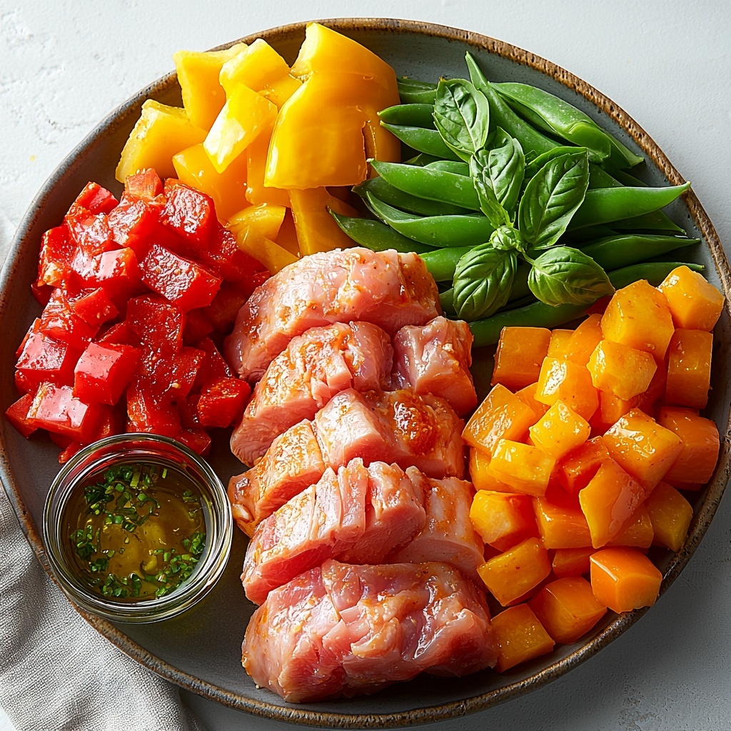 A clean white tabletop with all main ingredients for Thai chicken curry neatly arranged: three raw boneless, skinless chicken breasts with smooth pale pink flesh; an open can of full-fat coconut milk showing creamy white liquid inside; a small bowl of vibrant red Thai red curry paste with a glossy texture; sliced bell peppers in bright red, yellow, and green hues arranged in a colorful pile; thinly sliced orange carrots fanned out beside them; fresh crisp green snap peas lined up neatly; a small bunch of fresh deep green basil leaves with visible veins; a small glass bowl with dark, glossy low-sodium soy sauce; a small clear dish of bright green freshly squeezed lime juice; and a small pool of golden vegetable oil on a white spoon. Soft natural light highlighting the vivid colors and fresh textures, subtle shadows adding depth, minimalistic styling with light wooden accents and a linen napkin nearby, balanced composition with ingredients spaced evenly and organically arranged to create an inviting and fresh atmosphere. Overhead shot, top down view, flat lay photography, professional food styling --ar 1:1 --q 2 --s 750 --v 6.1