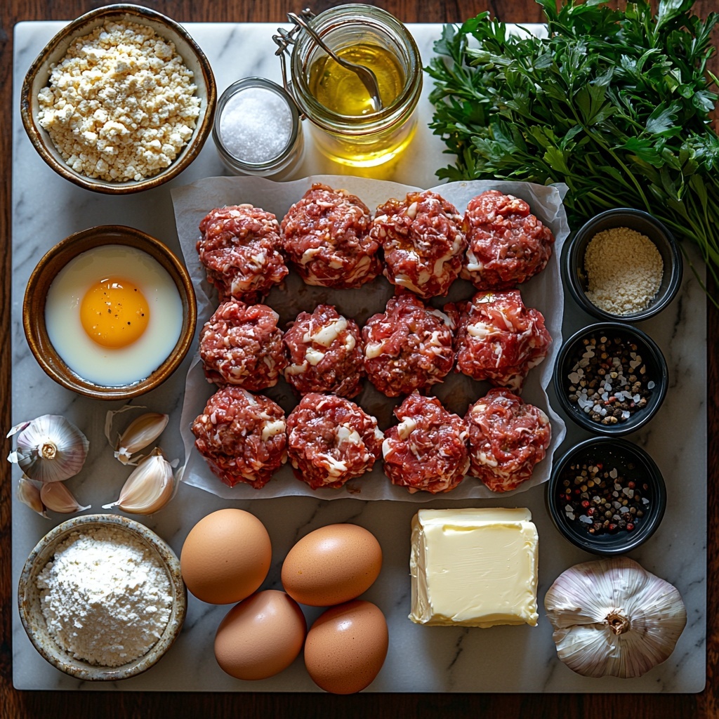 Flat lay photography of the main ingredients for Beef Stroganoff Meatballs arranged neatly on a clean white marble surface. Include 4 minced garlic cloves displayed in a small clear glass bowl, one large brown egg in a rustic ceramic bowl, a small heap of golden panko breadcrumbs, a small white ramekin filled with whole milk, a small glass bottle of Worcestershire sauce with some spilled drops artfully placed nearby, kosher salt and freshly ground black pepper in tiny white porcelain spoons, 1.5 pounds fresh raw ground beef shaped loosely into a mound on butcher paper, several tablespoons of unsalted butter in a pale yellow block with a vintage butter knife, a medium yellow onion diced on a wooden cutting board, vibrant reddish paprika powdered lightly dusted nearby, 8 ounces of cremini mushrooms quartered showing their rich brown caps and creamy undersides, a few tablespoons of all-purpose flour lightly scattered on a dark slate slab, a small stemmed glass with pale golden dry white wine, an opened can of low-sodium beef broth with some broth poured into a small bowl beside it, a vintage jar partially filled with creamy white Dijon mustard, a bowl of smooth white sour cream with a silver spoon, and fresh bright green parsley leaves and chives finely chopped in two small piles for garnish. The ingredients are spaced evenly with natural daylight casting soft shadows, emphasizing a mix of textures: smooth, creamy, granular, and rustic. Include subtle styling details like a linen napkin corner visible, wooden and ceramic props, and a color palette of earthy browns, creamy whites, and fresh greens. overhead shot, top down view, flat lay photography, professional food styling --ar 1:1 --q 2 --s 750 --v 6.1