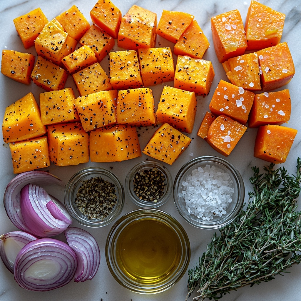 flat lay of fresh ingredients for roasted butternut squash and sweet potatoes: medium butternut squash peeled and cut into 3/4-inch cubes showing vibrant orange flesh and smooth texture, two medium sweet potatoes peeled and cubed with rich deep orange color, a red onion sliced into long purple-red strips, four large garlic cloves minced in a small glass bowl, small bunches of fresh thyme and roughly chopped rosemary with vivid green leaves scattered gently, a small clear glass bowl with golden olive oil, coarse sea salt and black peppercorns in small white ceramic dishes; all arranged neatly on a clean white marble surface with natural daylight highlighting the colors and textures, slight shadows for depth, minimalistic and elegant styling, crisp and bright, overhead shot, top down view, flat lay photography, professional food styling --ar 1:1 --q 2 --s 750 --v 6.1