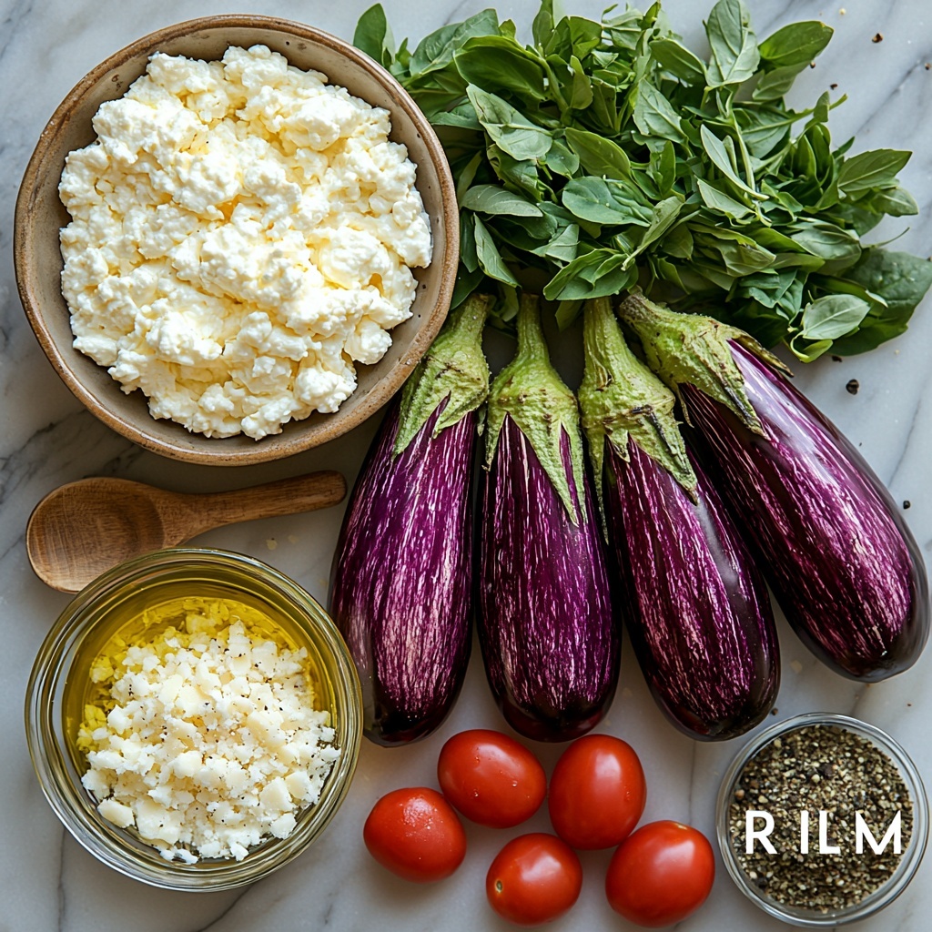 2 medium halved eggplants with glossy deep purple skin and pale creamy interior flesh, a small bowl of creamy white ricotta cheese, grated mozzarella cheese with soft, fluffy texture, a small pile of finely grated Parmesan cheese in pale yellow, two peeled garlic cloves finely minced, fresh bright green parsley leaves chopped, fresh basil leaves in rich green, dried oregano with coarse texture in a small heap, a handful of vibrant red cherry tomatoes finely chopped, small glass bowl of golden olive oil, scattered salt crystals and whole black peppercorns for contrast, all ingredients neatly arranged on a clean white marble surface with soft natural light highlighting the fresh colors and varied textures, rustic wooden spoon beside the herbs, subtle shadows adding depth, clean and minimal styling with a Mediterranean cozy vibe, overhead shot, top down view, flat lay photography, professional food styling --ar 1:1 --q 2 --s 750 --v 6.1