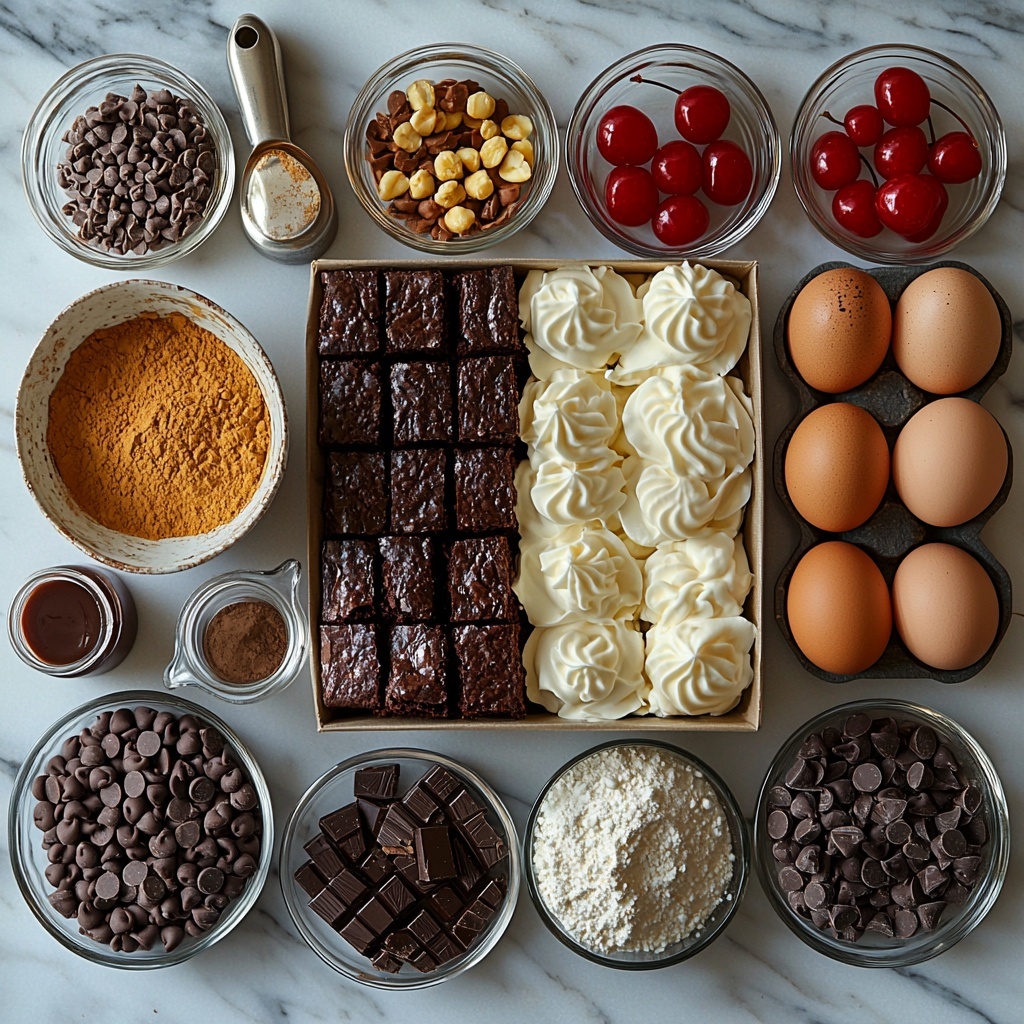 A clean white marble surface with all main ingredients for a Heavenly Hot Fudge Sundae Brownie arranged neatly in a visually pleasing flat lay style: a rustic open box of brownie mix with cocoa powder spilling slightly, small bowls containing raw eggs with smooth shells, a clear glass measuring cup with golden vegetable oil, a small bowl of water reflecting light, a tiny dish of dark espresso powder, a block of creamy softened cream cheese with a vintage butter knife resting beside it, a small mound of sparkling granulated sugar, three large eggs lined up with a warm tone, a bowl of thick sour cream with a silver spoon, a glass vial of amber vanilla extract, a small heap of pale all-purpose flour, a ceramic bowl filled with glossy dark hot fudge sauce, a small glass bowl holding shiny semisweet chocolate chips, a fluffy pile of whipped cream in a white bowl, a scattering of colorful rainbow sprinkles in a clear dish, a ramekin with chopped pecans and walnuts showcasing varied textures, a small white plate with vibrant red maraschino cherries, and an additional drizzle of glossy hot fudge sauce on a dish with a knife — natural soft lighting emphasizing the rich browns, creams, reds, and vibrant sprinkles, subtle shadows creating depth, arranged with balanced spacing and organic flow, some ingredients overlapping slightly for dynamic composition overhead shot, top down view, flat lay photography, professional food styling --ar 1:1 --q 2 --s 750 --v 6.1