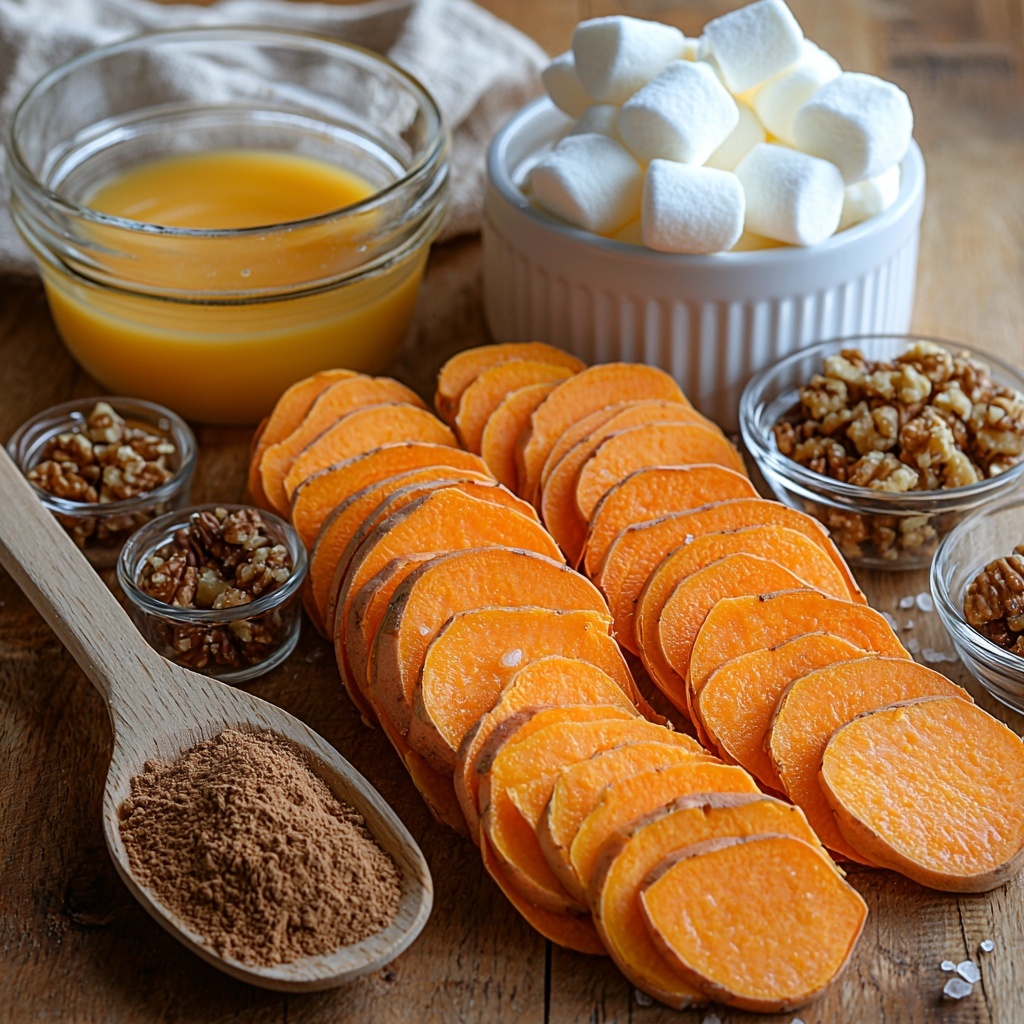 sweet potatoes peeled and sliced into thin ⅛-inch rounds, arranged in neat overlapping stacks showing their vibrant orange color and smooth texture; small glass bowl with golden melted butter next to a wooden spoon coated lightly with butter; rustic small bowl of rich brown sugar with granules visible; clear measuring cup filled with water catching soft reflections; tiny white ceramic dishes containing ground cinnamon, ground nutmeg, ground cloves, and a small pile of fine salt—each spice showing its distinct warm brown and beige hues; bowl of chopped walnuts with rough, craggy texture and warm tan tones; small white ramekin filled with fluffy mini marshmallows, soft and pillowy; all ingredients spaced evenly on a clean, light wood surface with natural soft daylight casting gentle shadows; linen napkin folded casually to one side adding a cozy homey touch; a vintage silver butter knife and measuring spoons placed artfully nearby; colors warm and inviting, textures contrasting from smooth and glossy to rough and powdery; overhead shot, top down view, flat lay photography, professional food styling --ar 1:1 --q 2 --s 750 --v 6.1