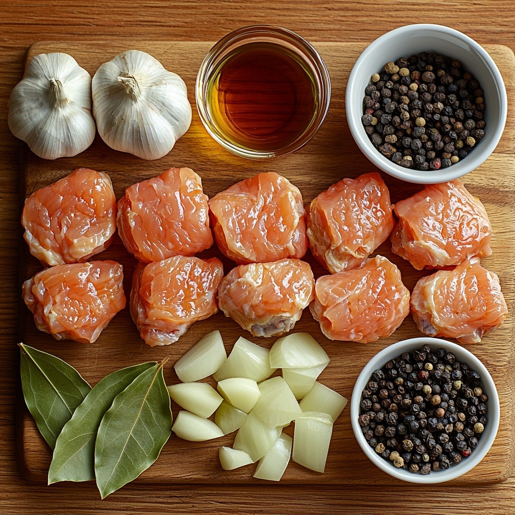 /Imagine a clean, minimalist wooden surface with all main ingredients for Chicken Adobo carefully arranged in a balanced flat lay. Centered are 2 lbs of boneless, skinless chicken thighs, pale pink with smooth texture, slightly glossy. Surrounding them are vibrant elements: a small bowl of deep amber low-sodium soy sauce, a clear glass container of white vinegar with a hint of translucence, 6 crushed garlic cloves showing rough, irregular texture and white creamy color. Nearby rests 1 medium yellow onion sliced into thin translucent rings, its layers slightly curled. Two glossy green bay leaves lie flat beside a tiny white ceramic bowl filled with whole black peppercorns, dark and round. A small puddle of golden cooking oil glistens softly, adding warmth. To complete the scene, a simple cup of water with light reflections adds balance. Soft natural lighting highlights textures and colors with subtle shadows, styling is clean and uncluttered emphasizing freshness and authentic ingredients. Overhead shot, top down view, flat lay photography, professional food styling --ar 1:1 --q 2 --s 750 --v 6.1