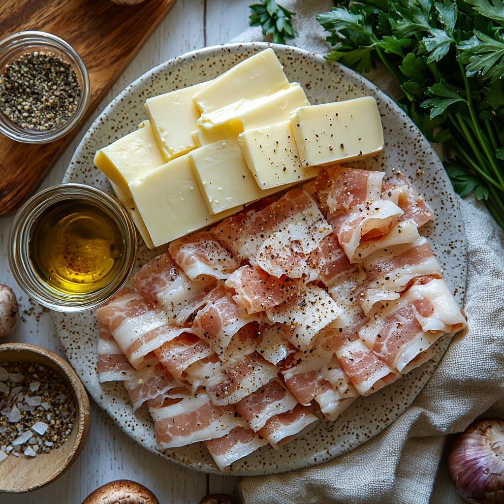 bacon strips cut into 1 inch pieces arranged in a small rustic bowl, Swiss cheese slices neatly stacked on a clean white plate showing creamy pale yellow color and smooth texture, fresh baby bella mushrooms scattered loosely with deep brown caps and creamy stems, a small glass jar of golden melted butter next to a wooden spoon, a tiny bowl of minced garlic showing fine white granules, dried minced onion in a small ceramic dish with a light beige color, fresh parsley sprigs with vibrant green leaves laid delicately nearby, two small glass bowls containing dark amber Worcestershire sauce with glossy surface, ground pork and ground beef displayed side by side in raw form on parchment paper showcasing pink and deep red hues with coarse texture, spice mixture artfully sprinkled on a dark surface including reddish paprika, pale gray salt, black peppercorns, bright yellow ground mustard powder, and beige garlic powder in miniature bowls, all ingredients thoughtfully arranged on a clean white wooden tabletop, soft natural daylight filtering from the side casting gentle shadows, minimalistic rustic food styling with neutral linen napkin and a wooden cutting board as subtle props, overhead shot, top down view, flat lay photography, professional food styling --ar 1:1 --q 2 --s 750 --v 6.1
